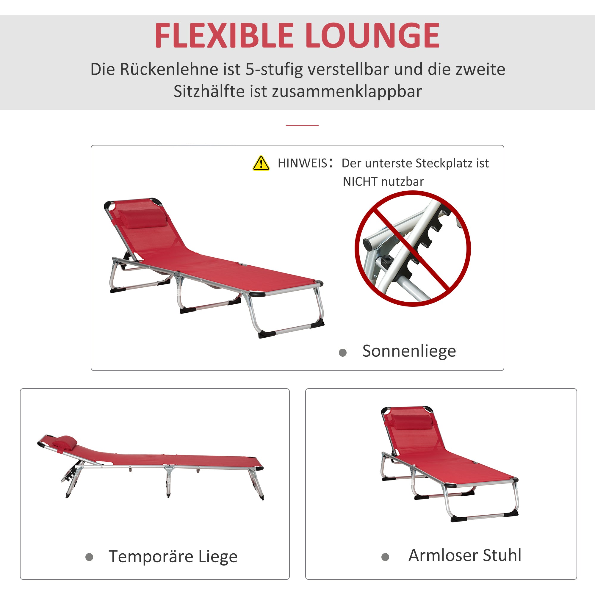 Sun Lounger, 5-Position Adjustable Foldable Ergonomic, Red Mesh Fabric