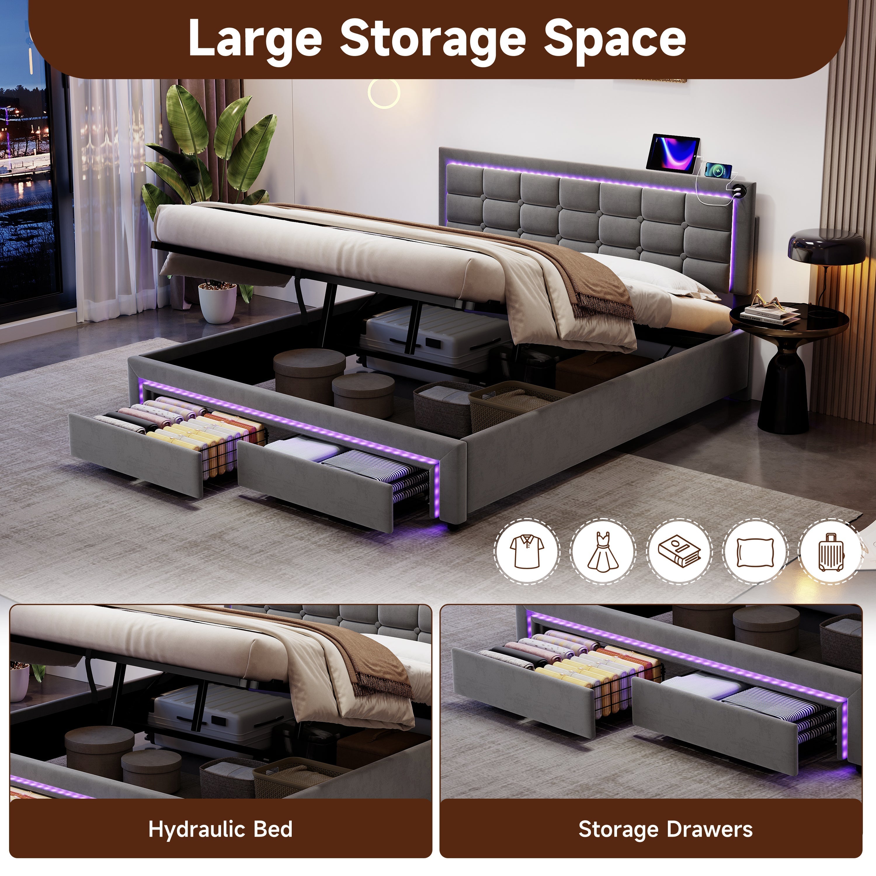 4ft6 Double Upholstered Bed Frame, Hydraulic Storage, LED Headboard, Charging Station, Grey Velvet