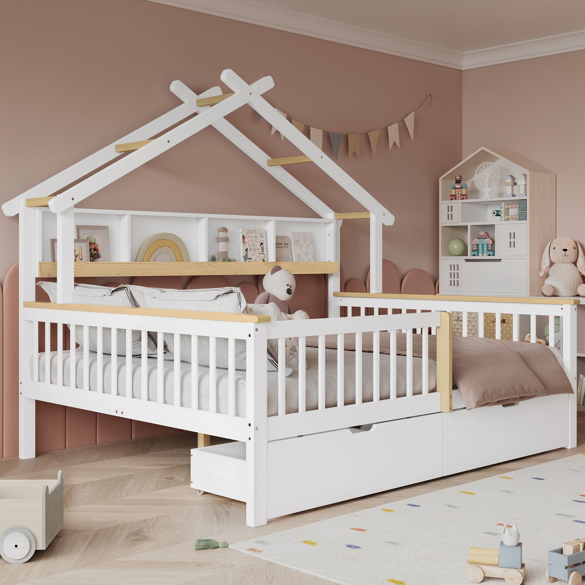 Children's Bed Roof Design, Railing, Storage Drawers, 140x200cm, Pine+MDF White/Natural
