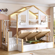 Bunk Bed with Hydraulic Storage, LED, and Stairs, 90x200/140x200cm, White and Natural Wood
