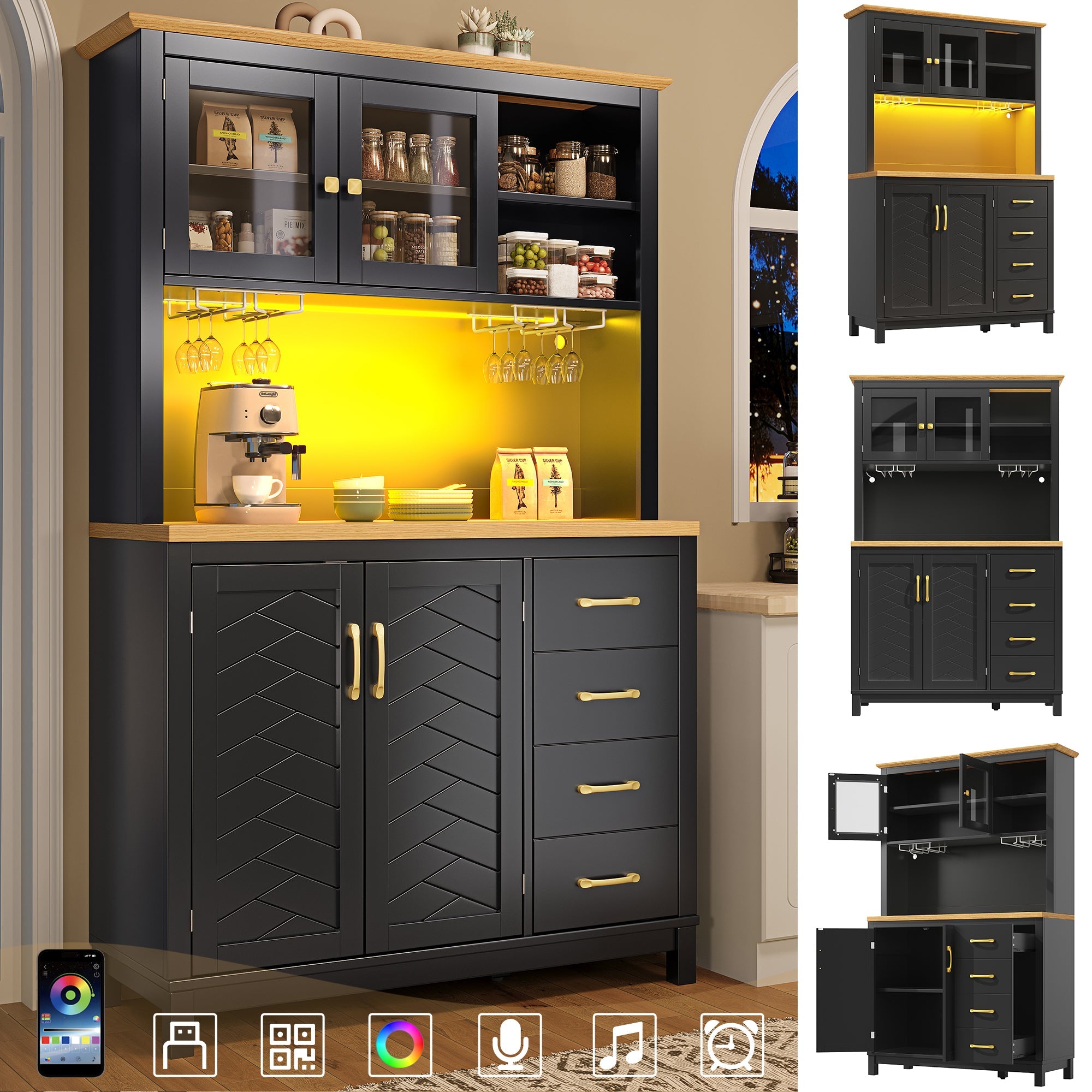 Sideboard Kitchen Buffet Cabinet with LED Lights and Drink Holders, Green, Black and White