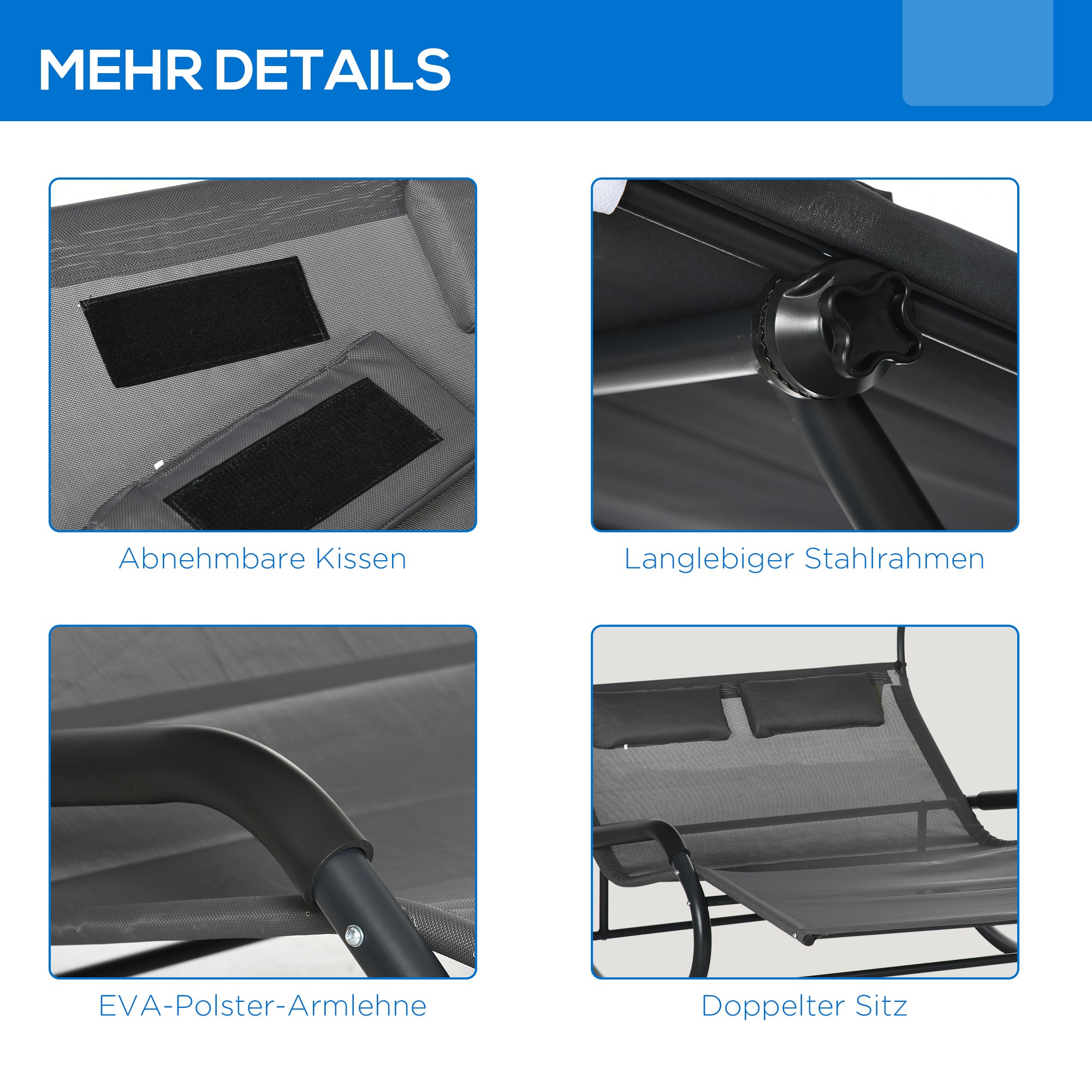 Double Sun Lounger/Rocking Bench with Sunshade, Wheels, 220kg Capacity, for 2 People, Dark Grey