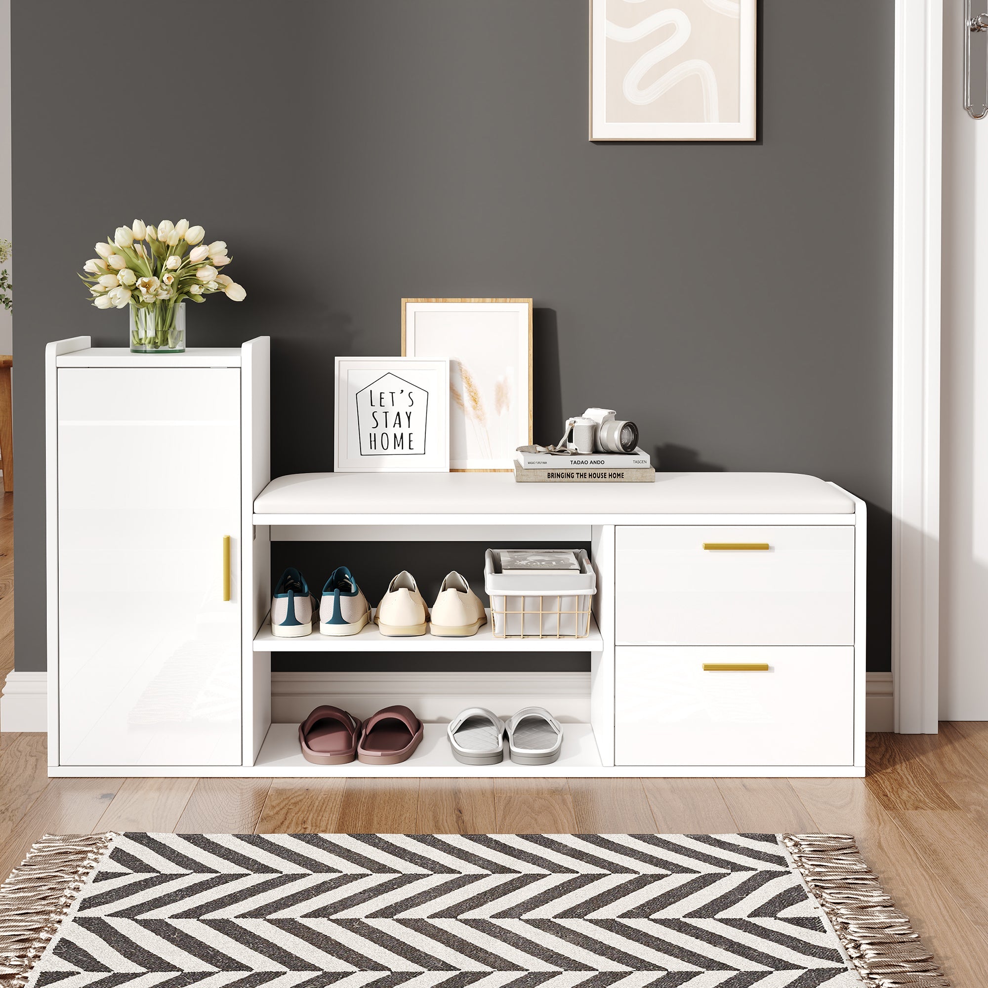 Shoe Cabinet 128x30x68cm with Bench, 2 Drawers, High-Gloss White