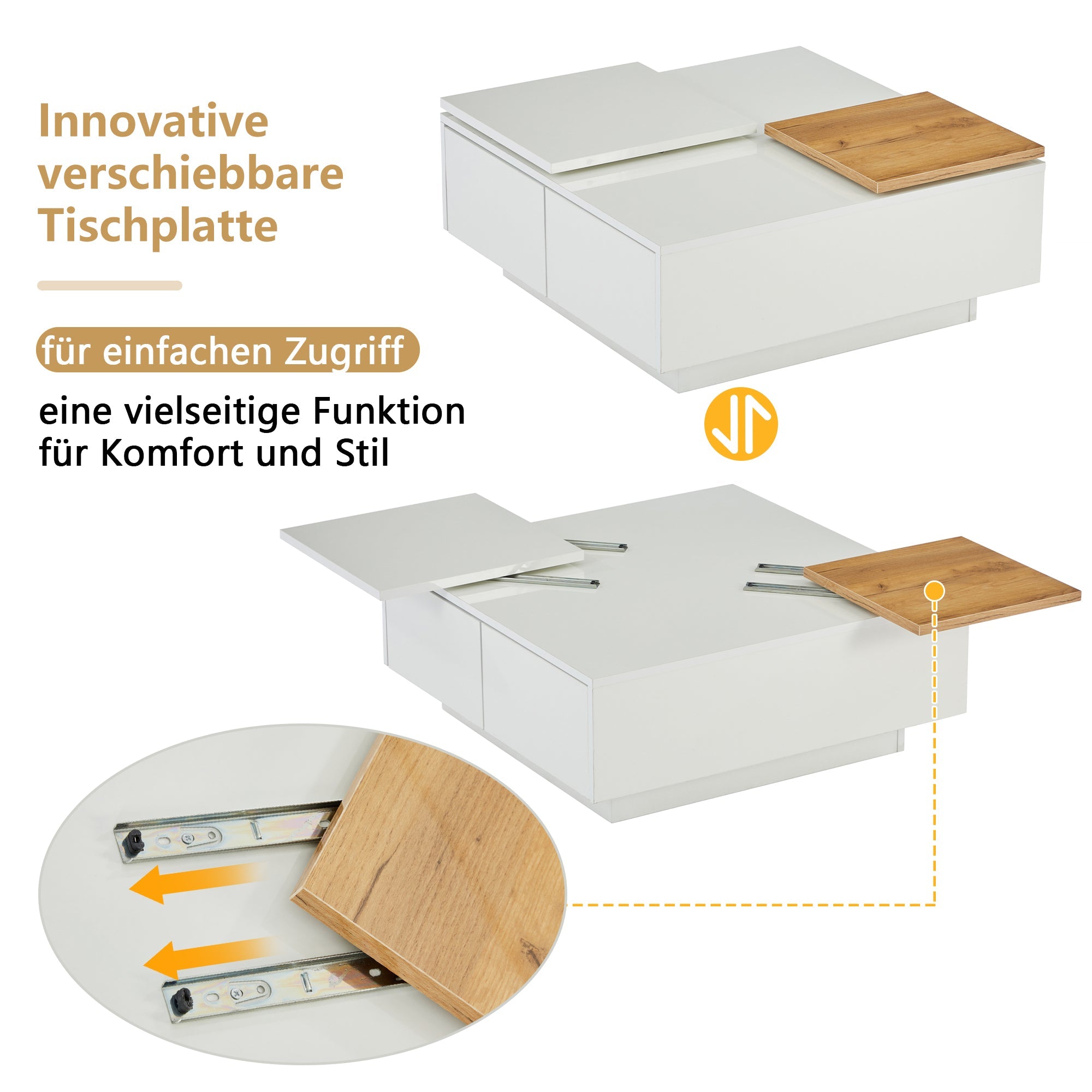 Coffee Table, Square with Storage & Sliding Tabletop, High-Gloss White Wood