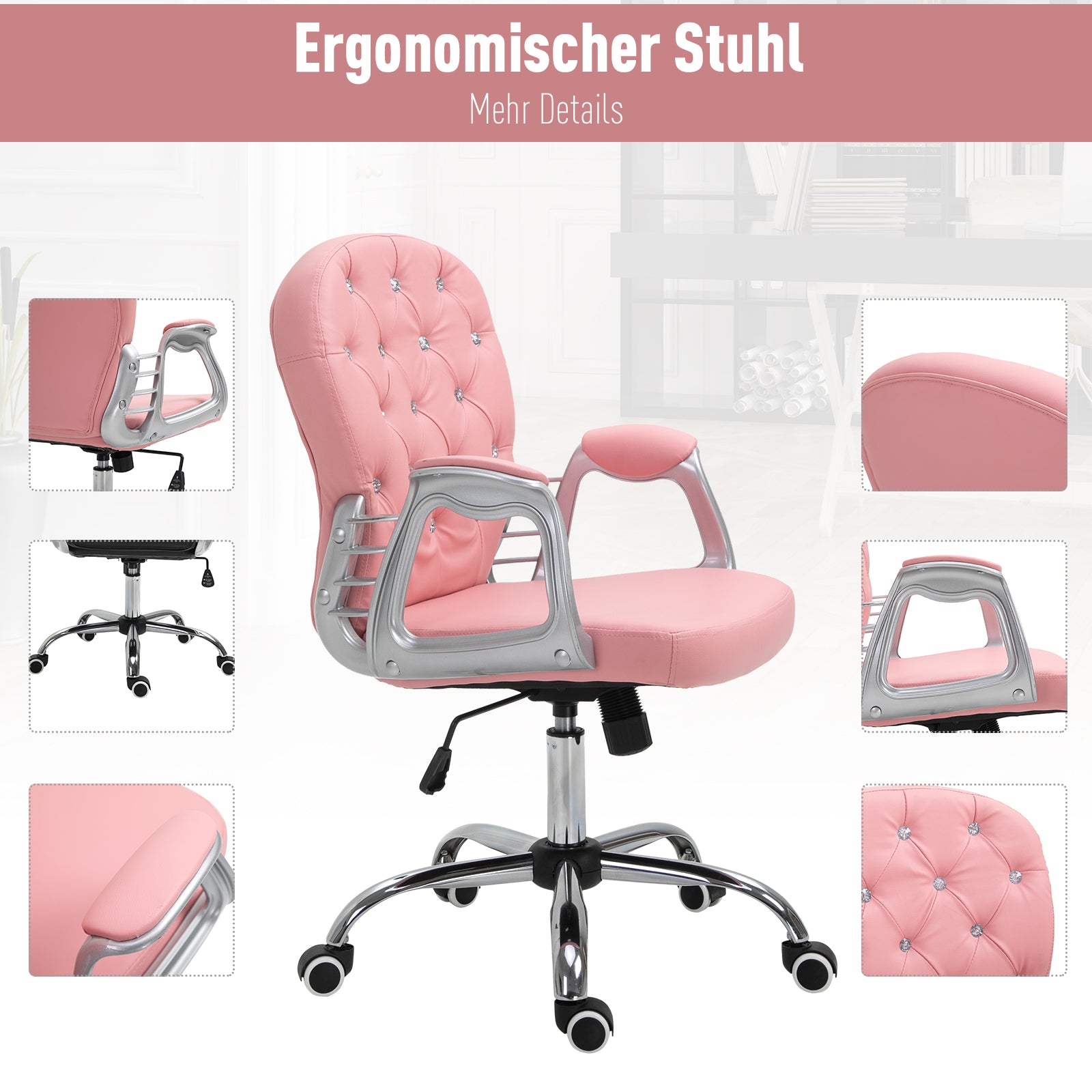 Executive Office Chair Ergonomically Padded Backrest Pink PU