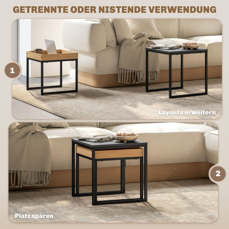 Moderner Couchtisch, 2er-Set Sofatische, quadratisch, MDF Metall Schwarz
