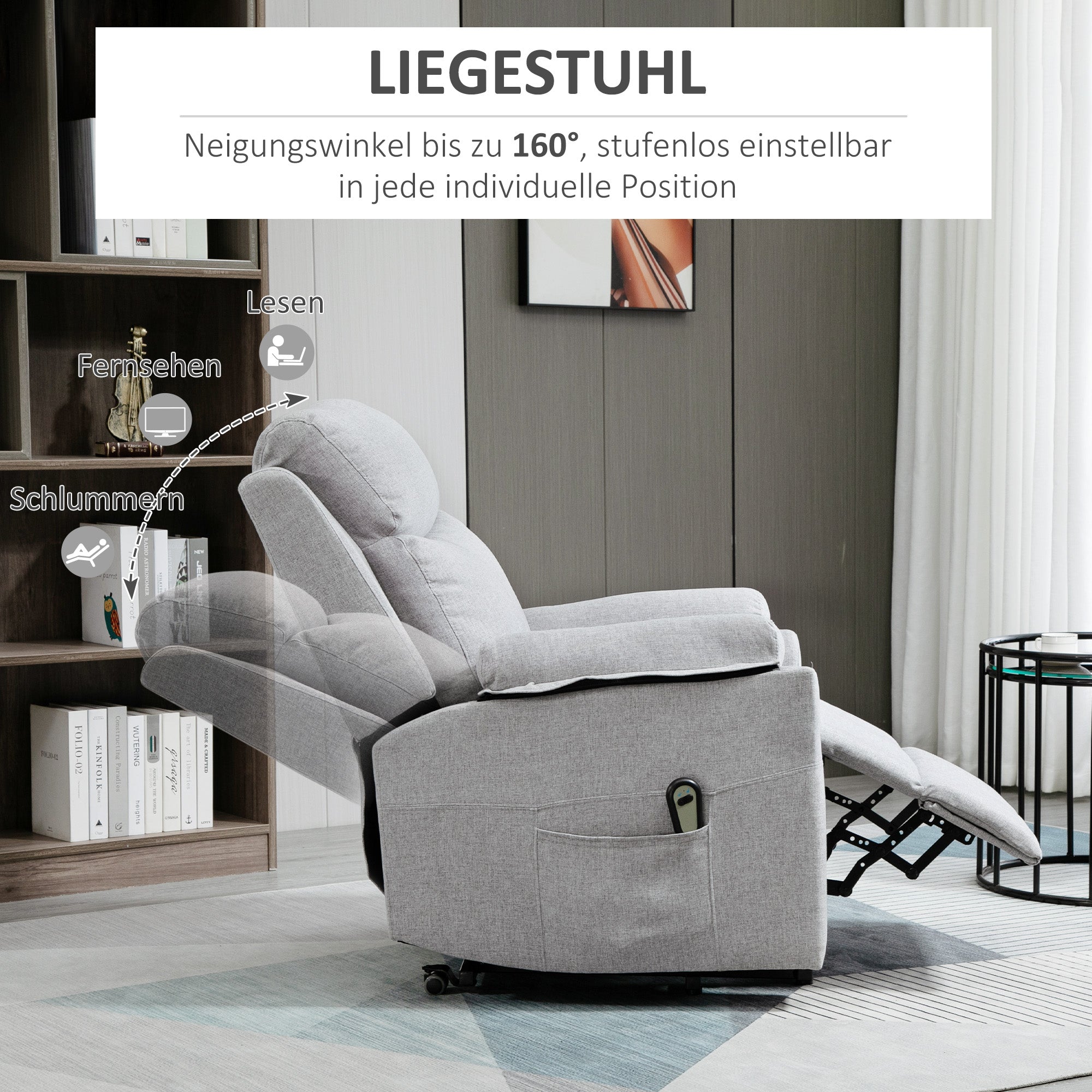 Electric TV Recliner with Lift Assistance, 1 Motor, Side Pocket, Gray Fabric