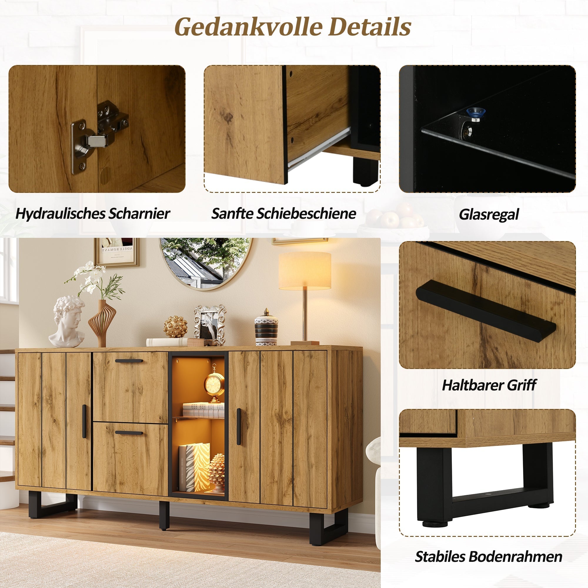 Sideboard 160cm Wide with 2 Drawers LED Light Strip Natural Wood/Black