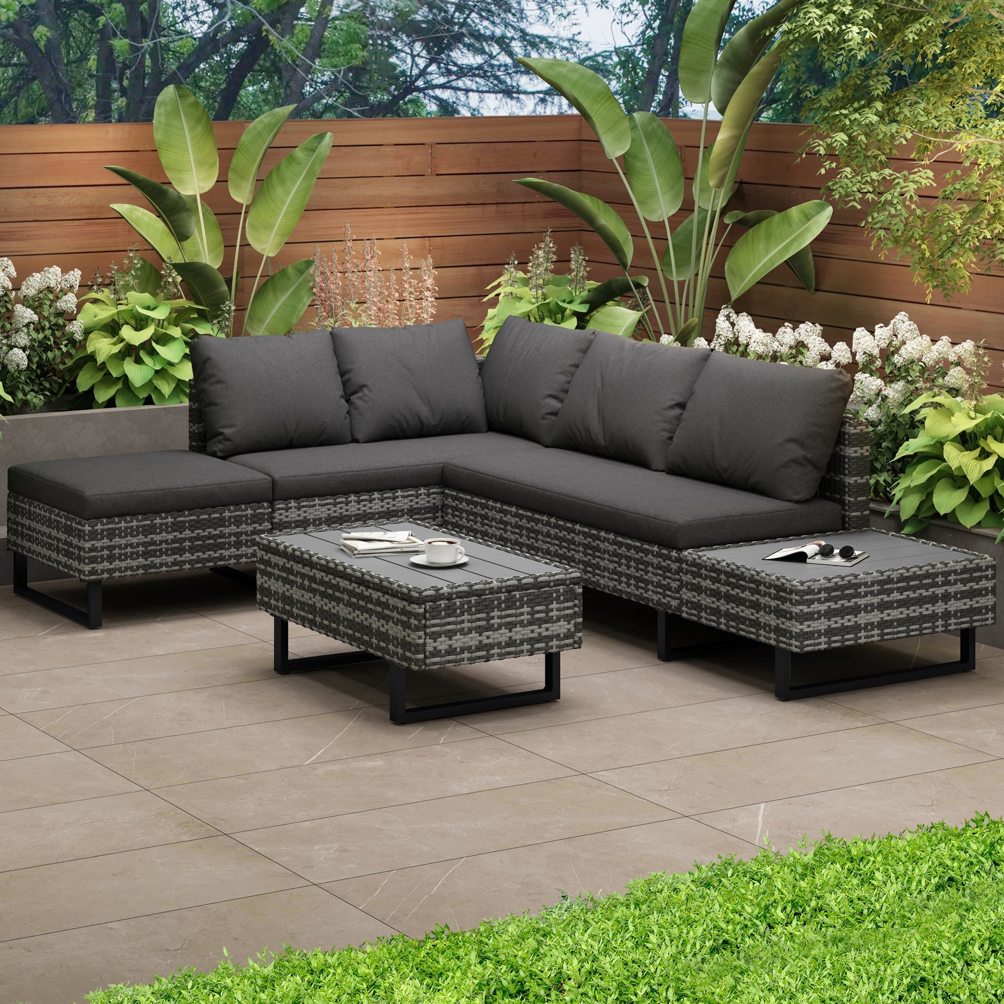 Poly Rattan Garden Set, 4-5 Person Corner Sofa Lounge with Table & Cushions, Grey