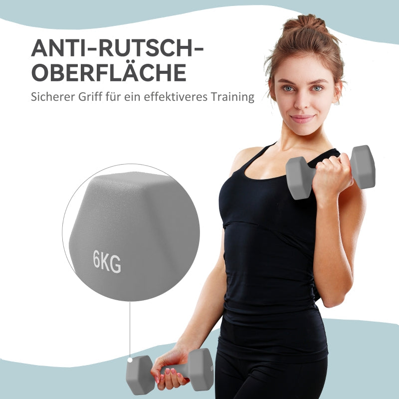 Dumbbell Set 2 x 6 kg Hexagonal Non-Slip - Grey