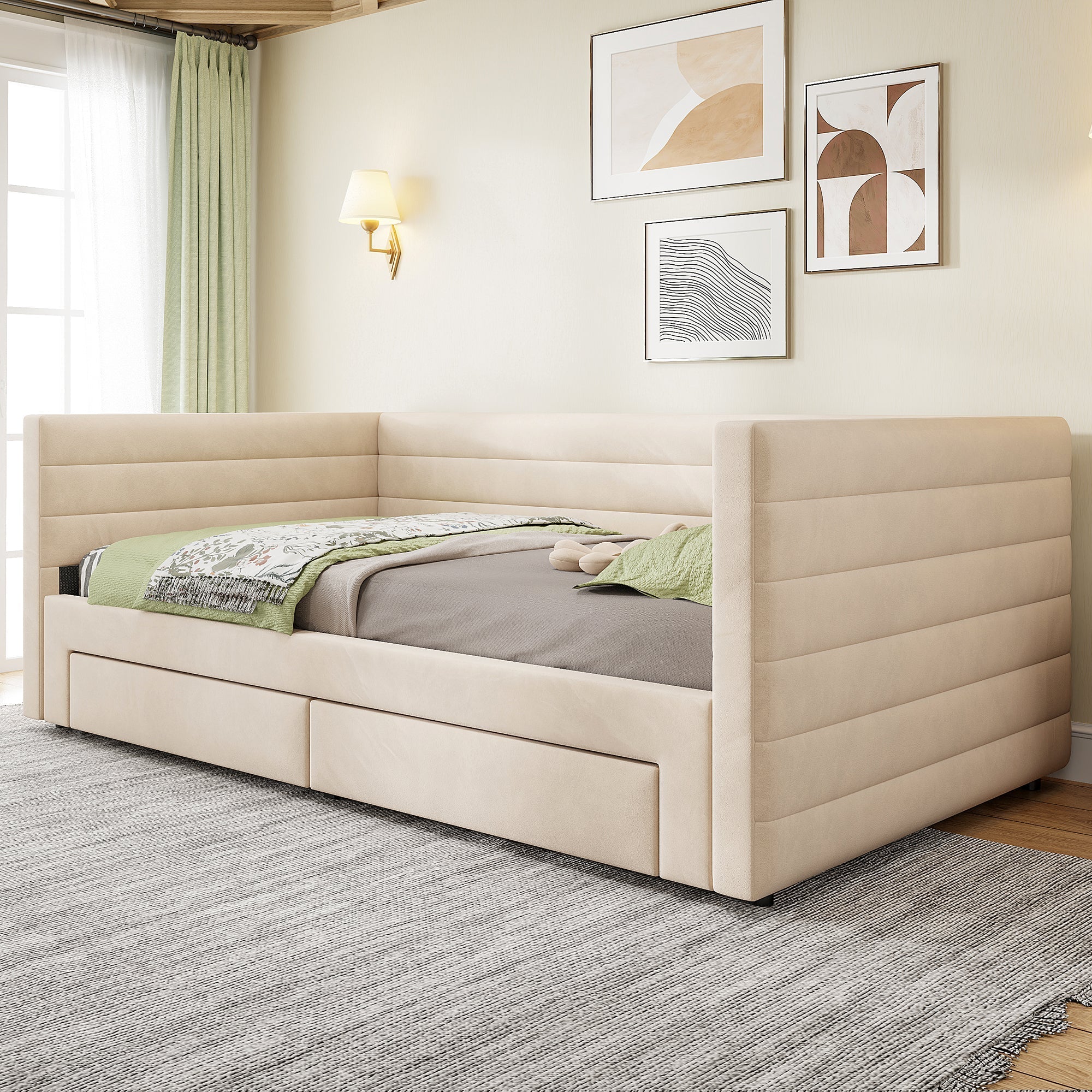 3-in-1 Upholstered Sofa Bed with Drawers and Slatted Base, Cotton and Linen, Beige