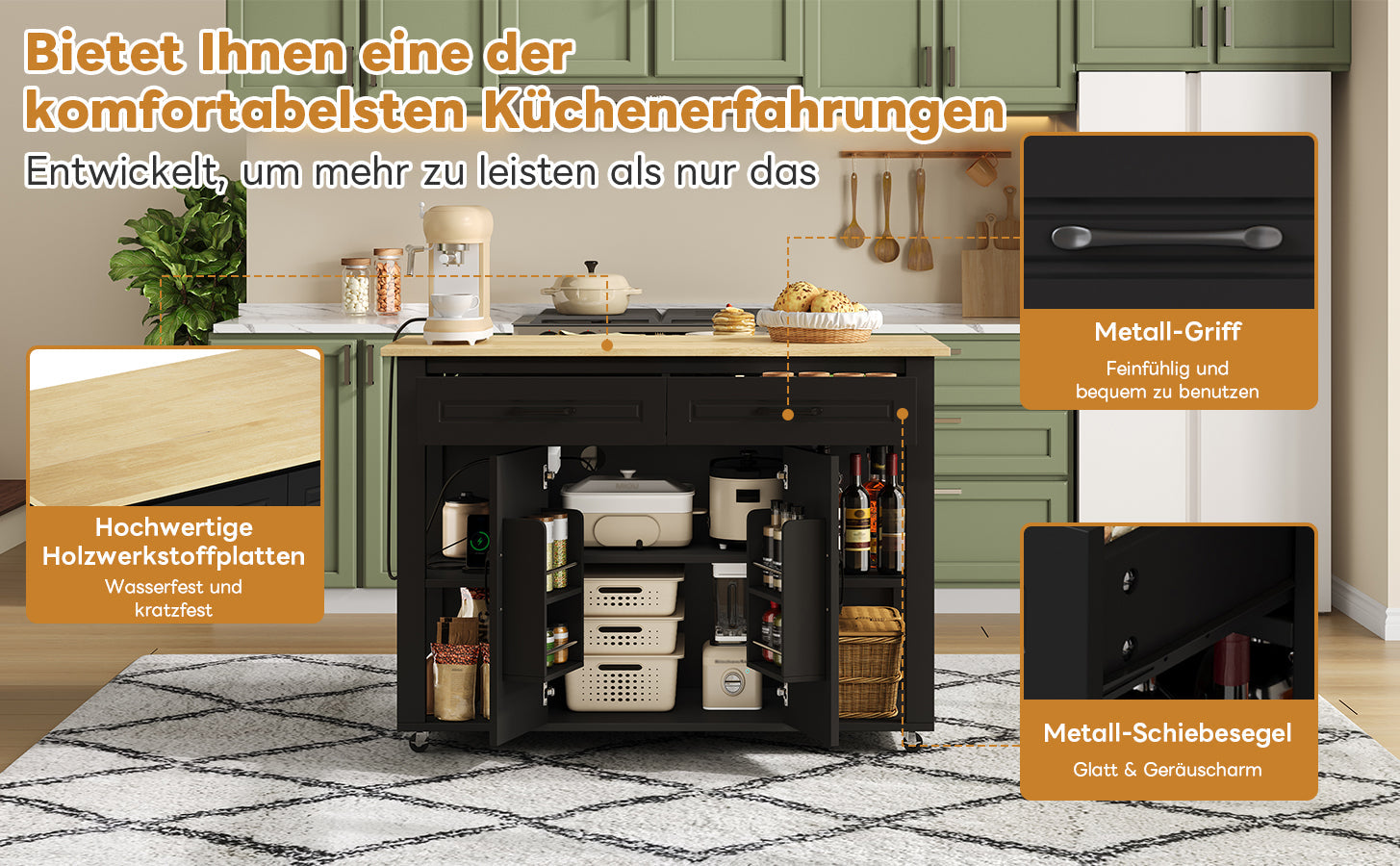 Mobile Kitchen Island with Extendable Bar Counter and Power Outlets, Wood Look