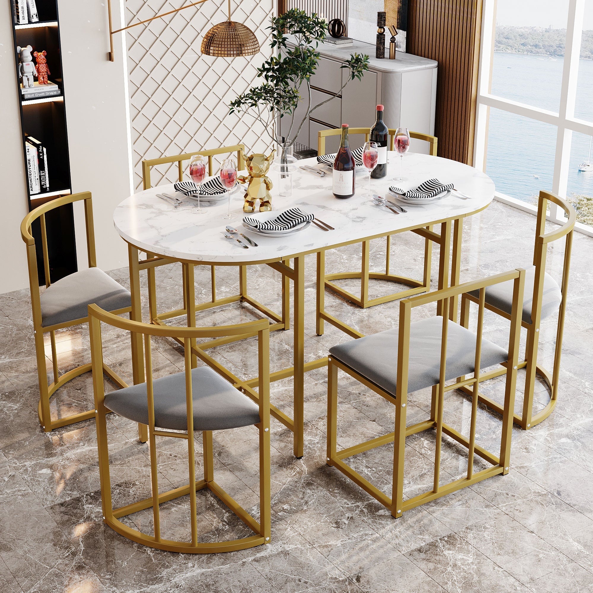 Dining Table Set (6-Piece) with White Table, Gray Upholstered Chairs & Gold Iron Frame