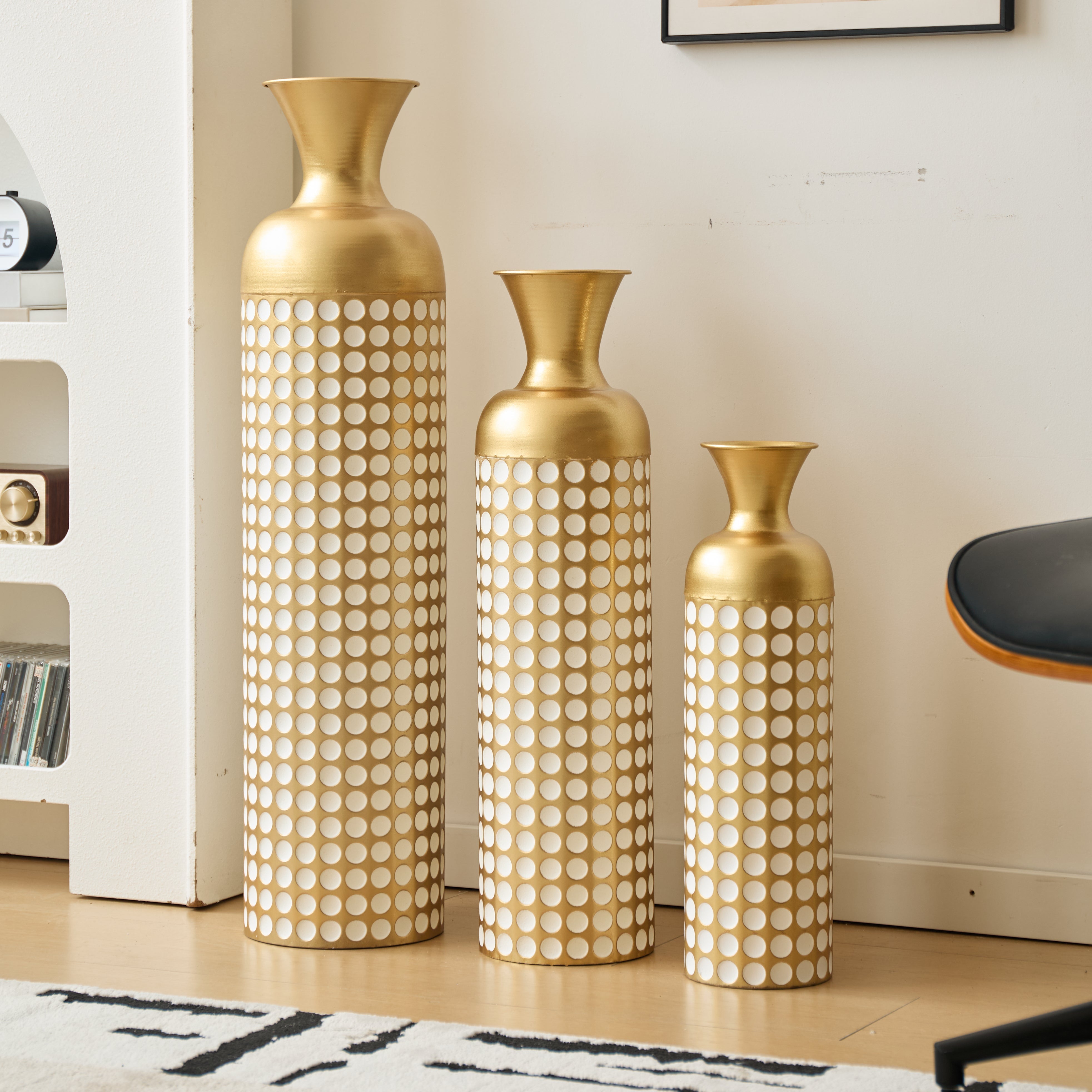 Floor Vase Set, 3 High Retro Vases 83/65/50cm, Decorative Metal Antique Gold
