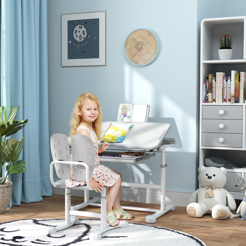 Kids Desk and Chair Set, Height Adjustable Tilted Desktop, Grey