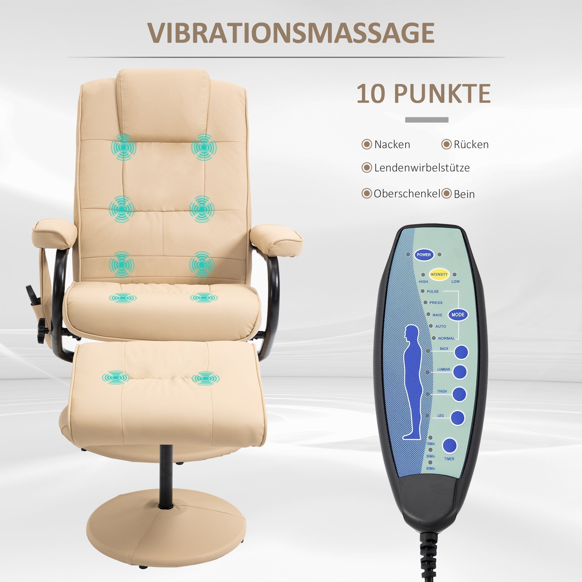 Reclining Massage TV Chair & Footstool, Faux Leather, Cream White