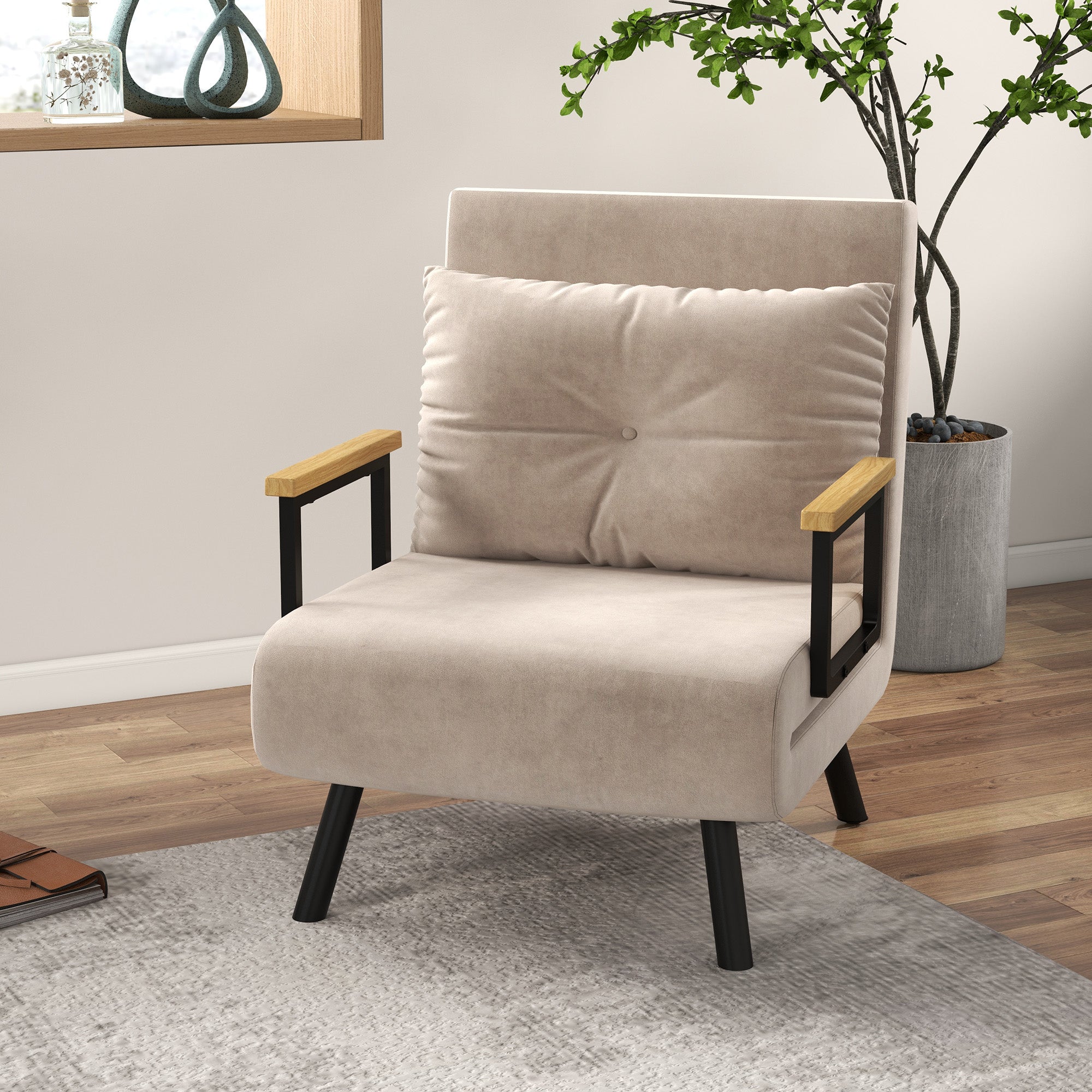 Sofa Bed/Recliner Guest Bed Adjustable Backrest, Velvet Beige