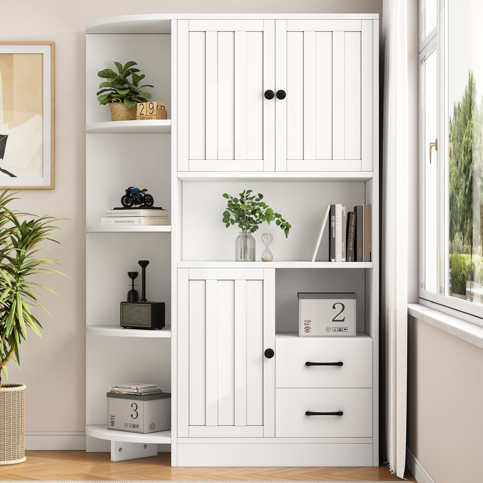 Corner Wardrobe Display Cabinet, 3 Cabinets 2 Drawers, 14 Storage Areas, 104x35x155cm, White