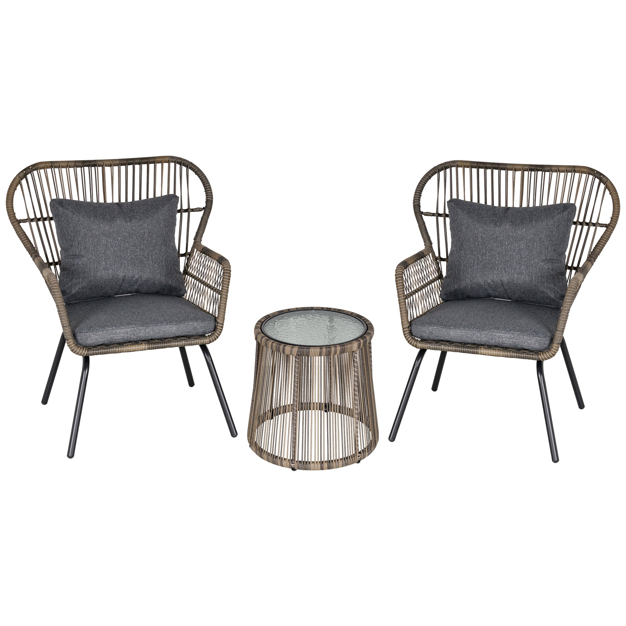 3 Pieces Rattan Bistro Set, Wicker Garden Furniture with Cushions and Glass Top Table, Grey