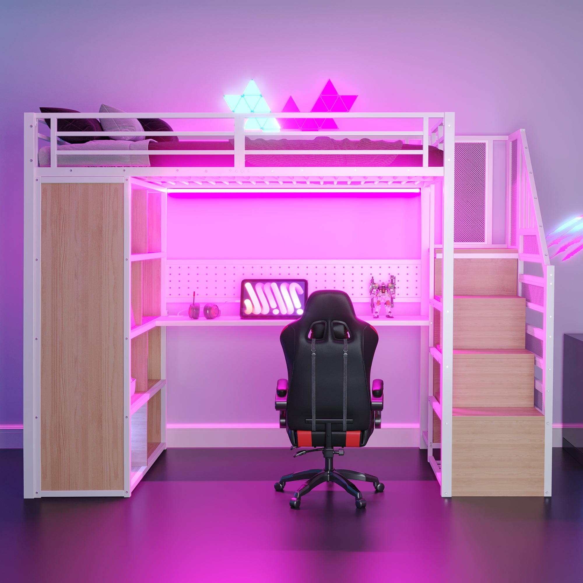 Metal Loft Bed with Desk, Wardrobe and LED Lighting, 90 x 200 cm, White