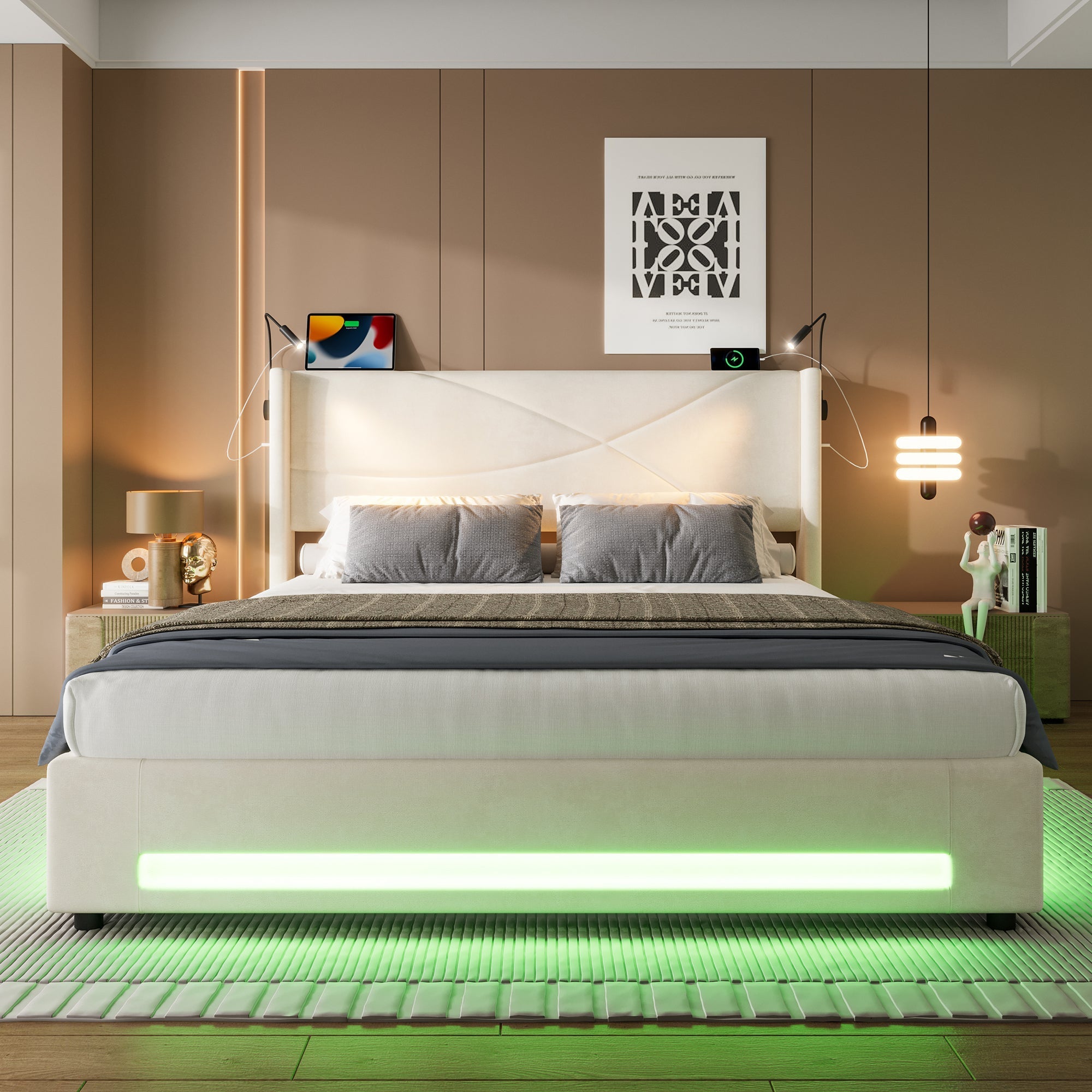 Modern Bed Frame with Integrated Reading Lamps, LED Lighting, Storage Base, USB/Type-C Ports - Beige