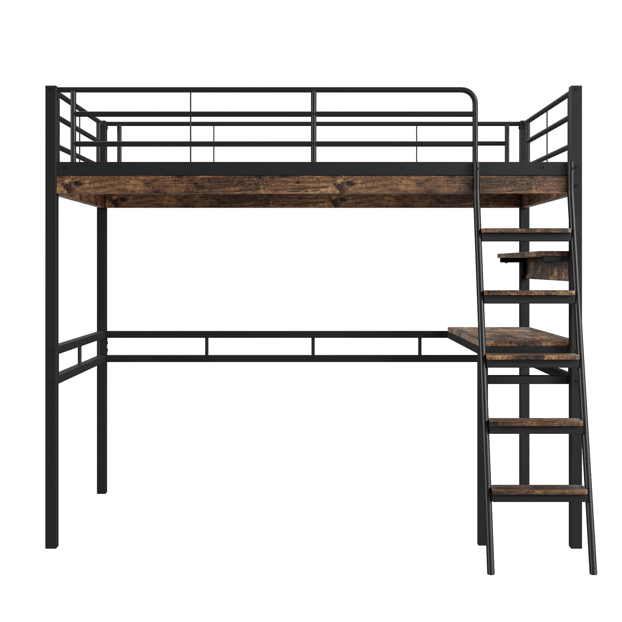 Loft Bed 90x200cm with Desk Shelves Ladder - Black Iron