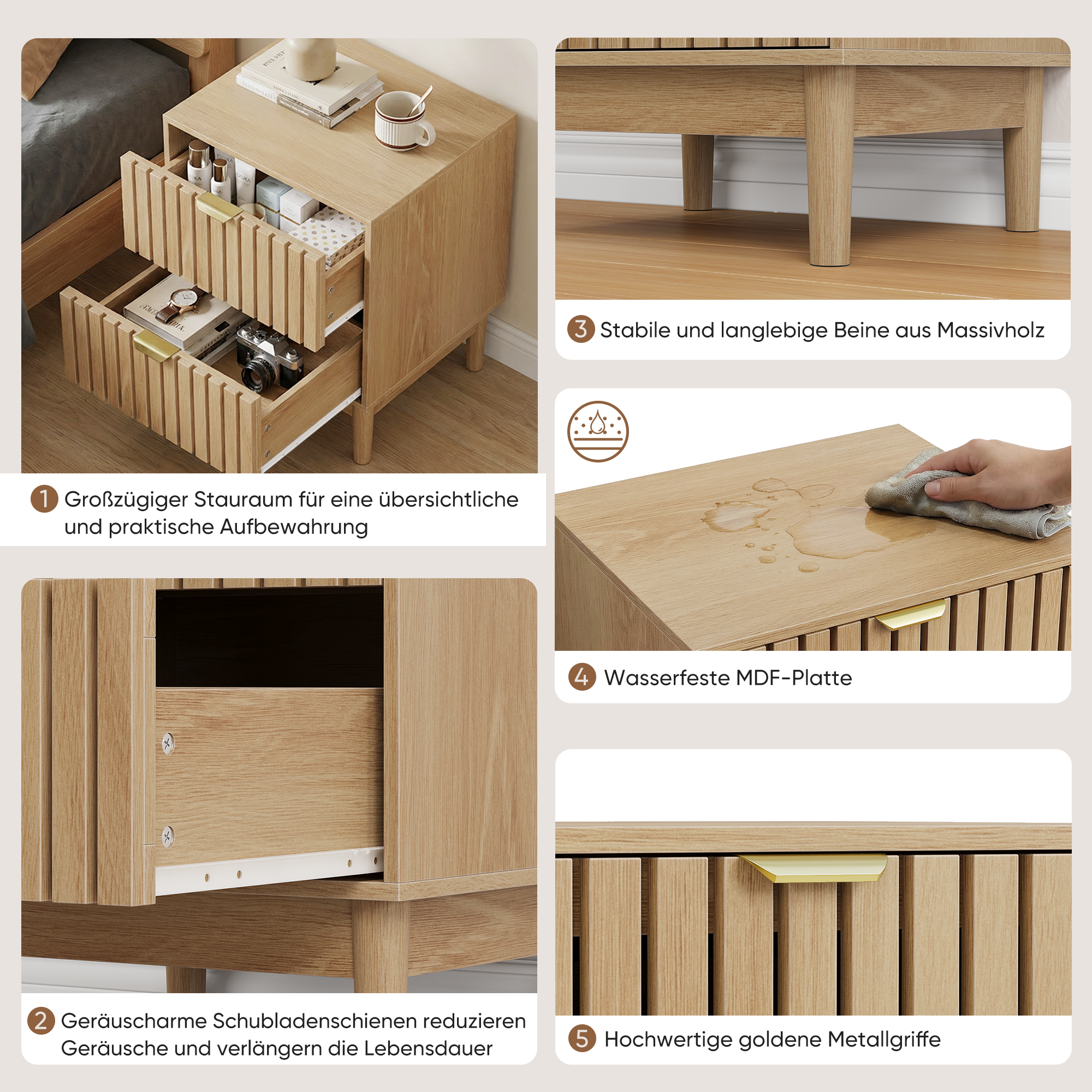 Mid-Century Modern Nightstand with 2 Drawers and Slatted Design, 45 x 39 x 56.5 cm, Oak-Colored Wood