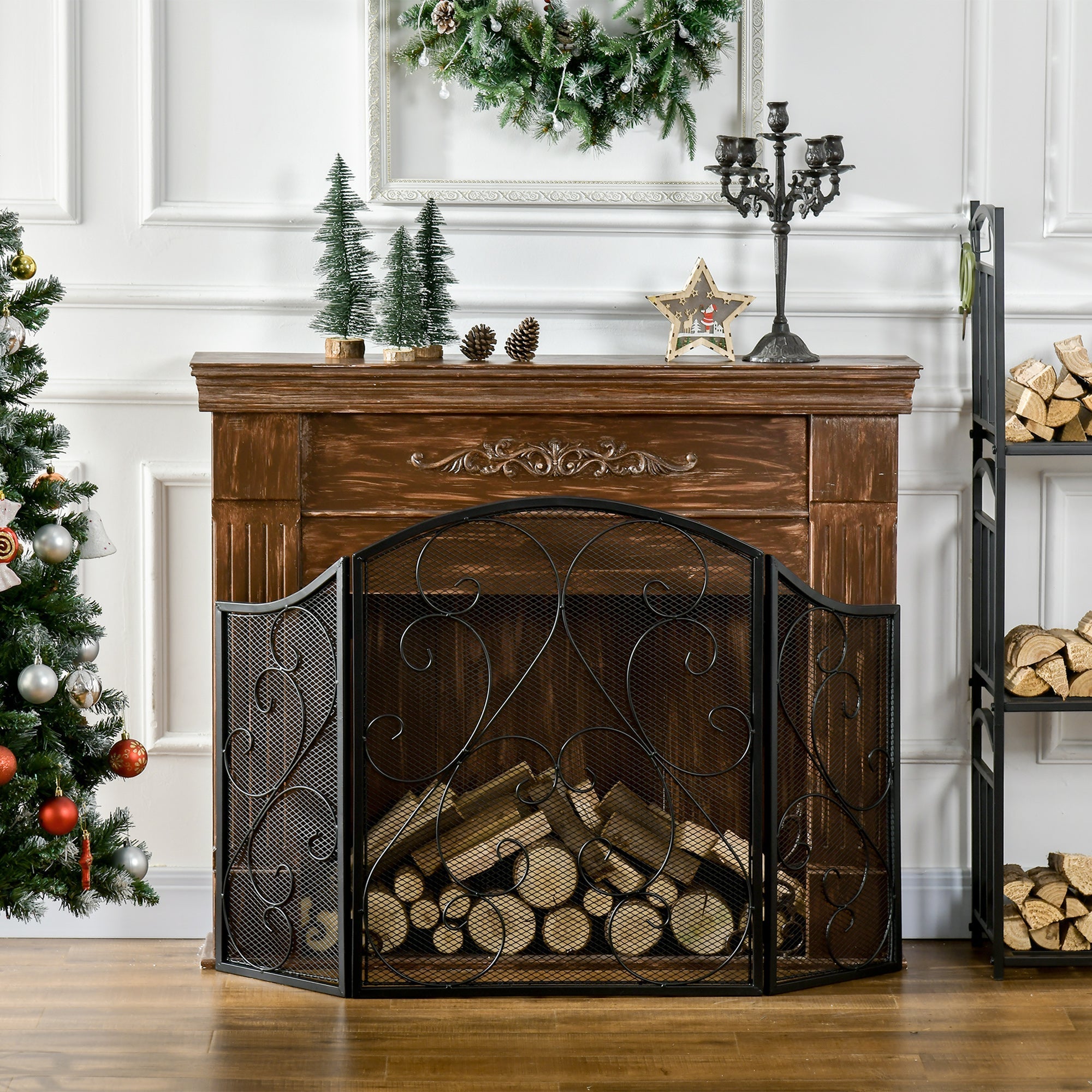Fireplace Screen Folding 3 Panels Spark Guard Metal Black