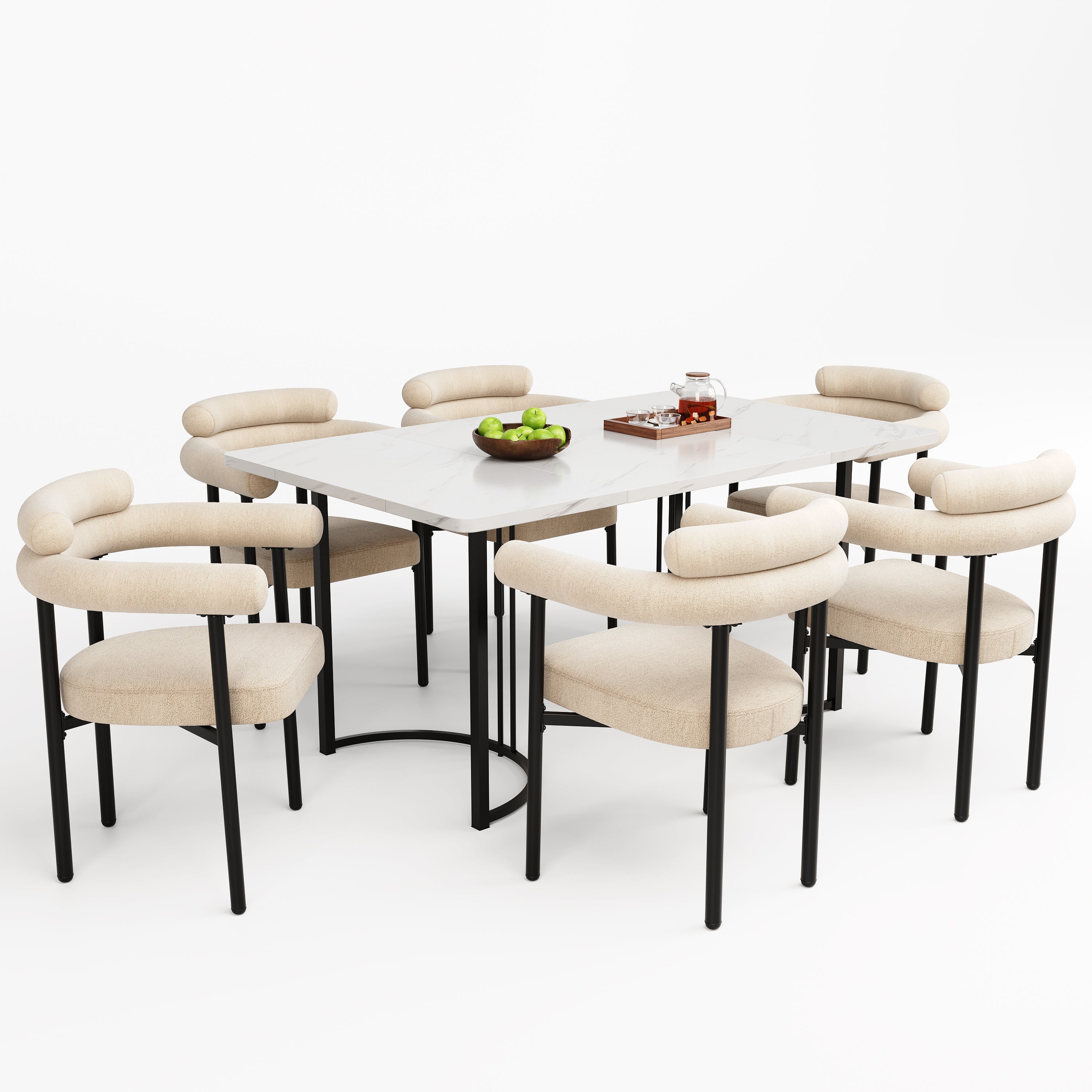 7-Piece Dining Table Set with 6 Hollow Armchairs Designer Metal Legs Cream Suede Fabric