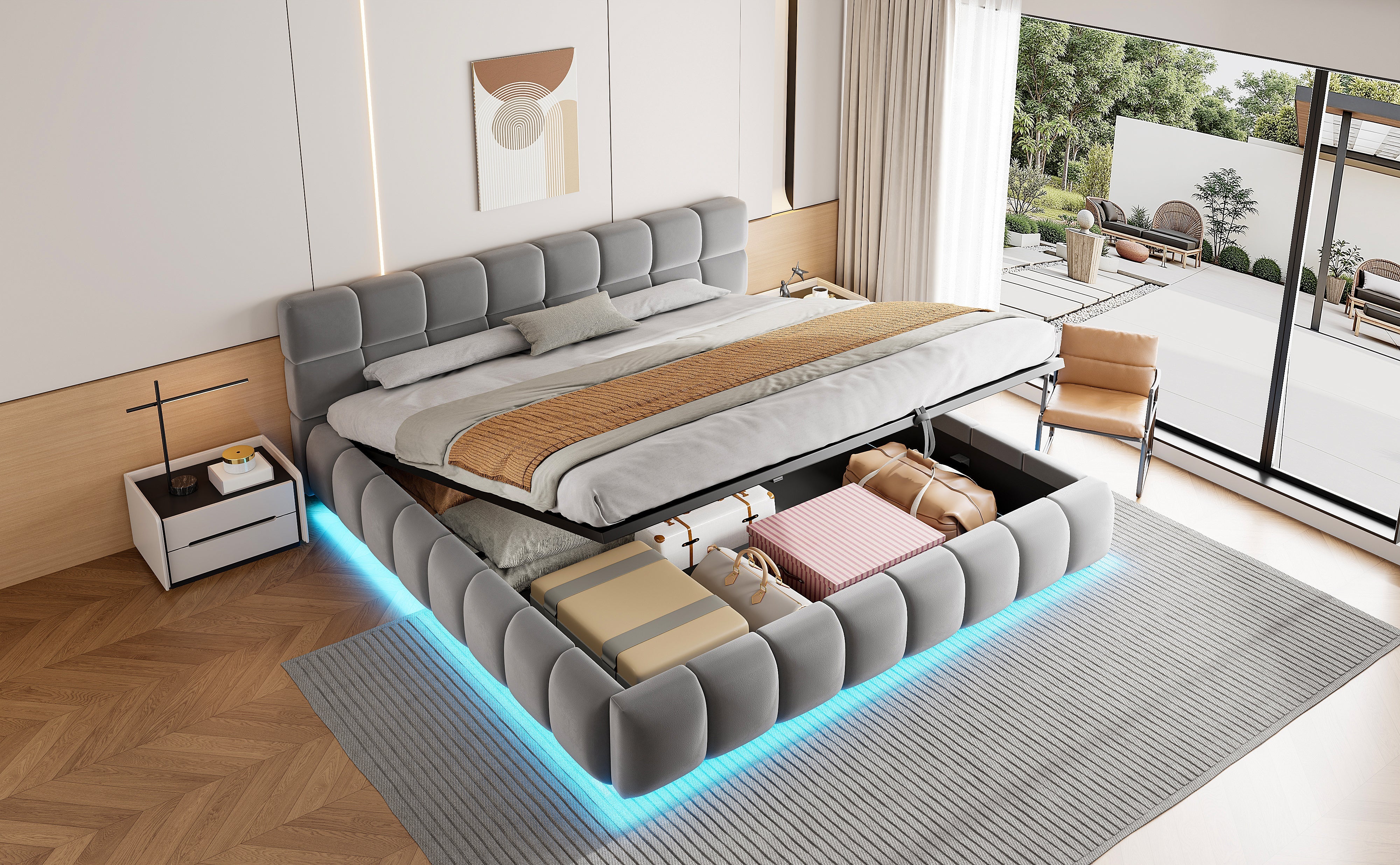 Upholstered Double Bed with Light Strip and Hydraulic Storage, 180x200cm, Grey Velvet