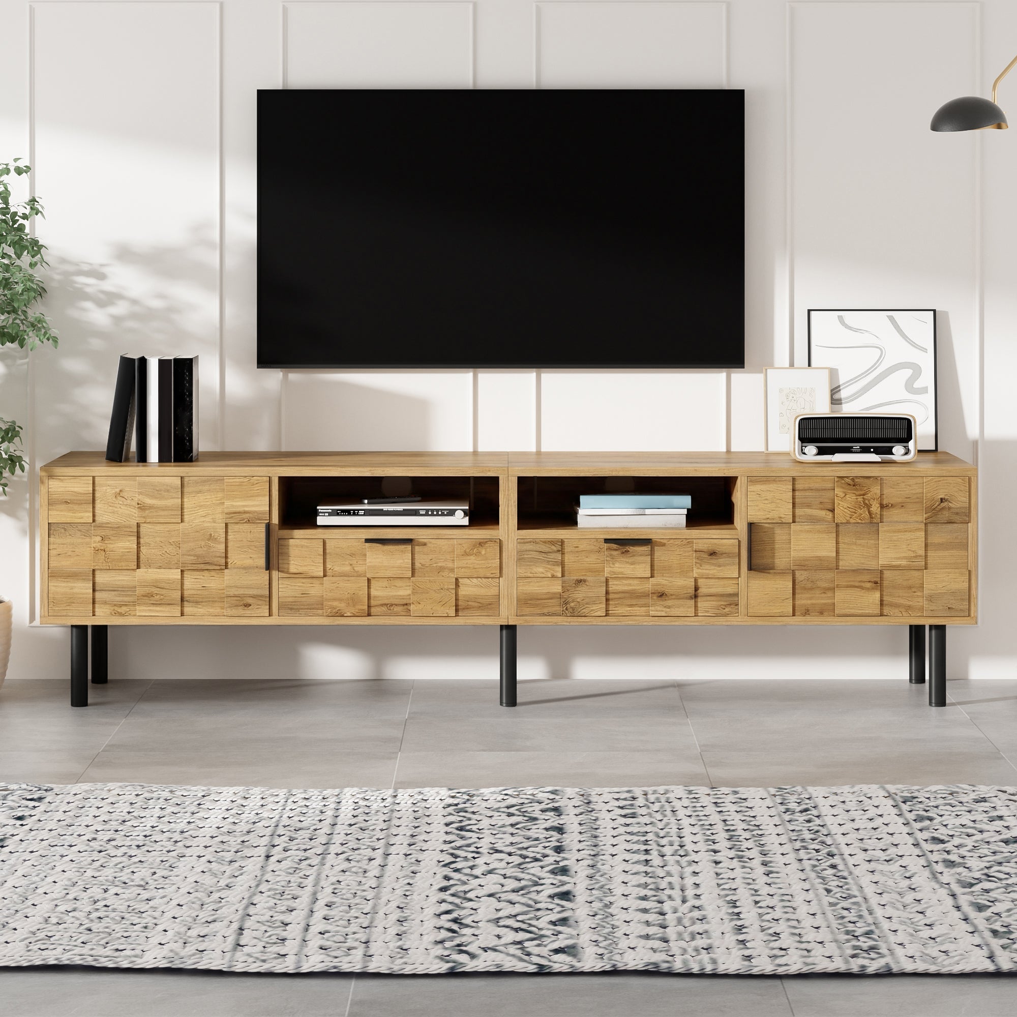 Mosaic TV Cabinet with 2 Doors, 2 Drawers and 2 Open Shelves, Wood Look Chipboard and Metal