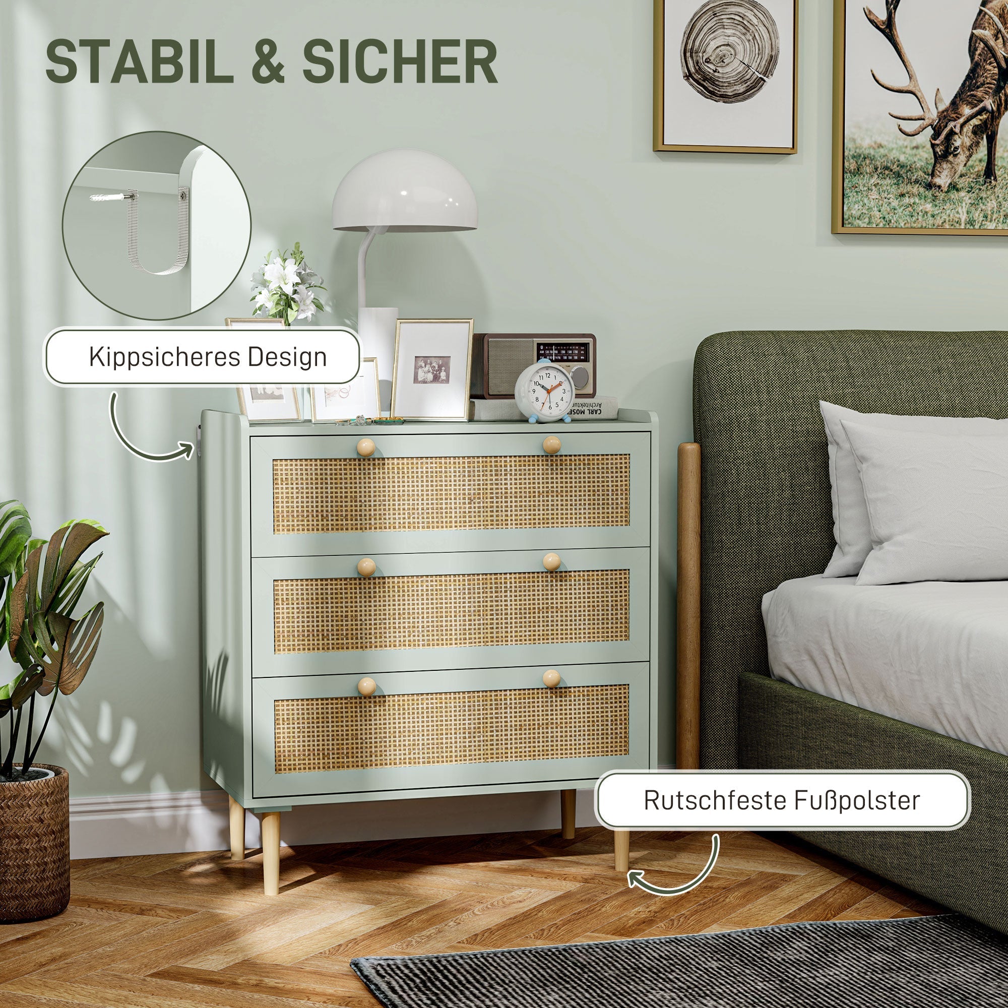 Chest of Drawers/Sideboard, 3 Drawers Boho Rattan Look, Light Blue