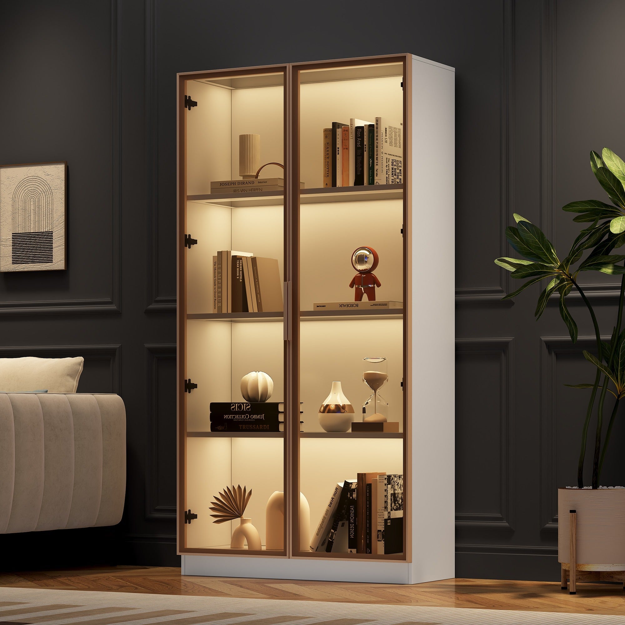 Glass Display Cabinet, 16-Color LED Lighting, Movable Shelves, 80x40x160cm, Freestanding, Glass