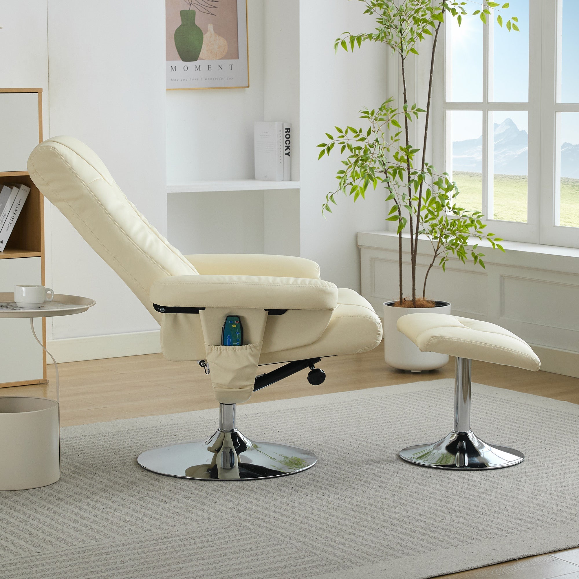 Recliner Chair with 5-Point Massage, Electric Heating, 360° Swivel, PU Fabric Beige