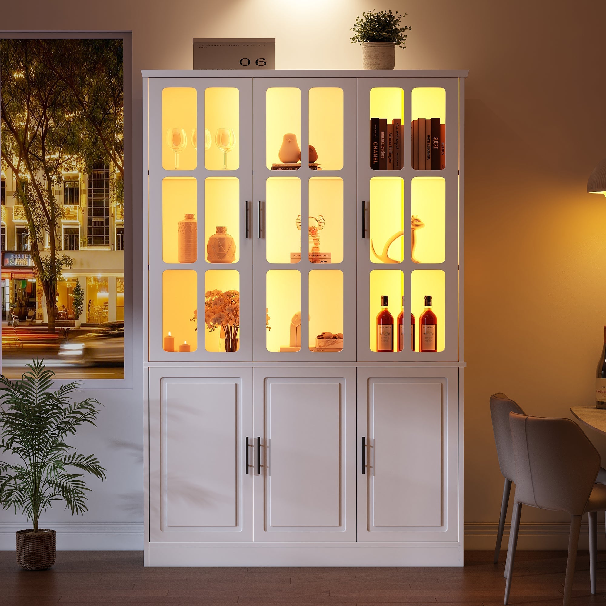 Standing Display Cabinet with 6 Doors and LED Lighting, White