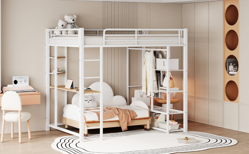 Metal Loft Bed, 140x200cm Junior Double with Desk & Storage, White