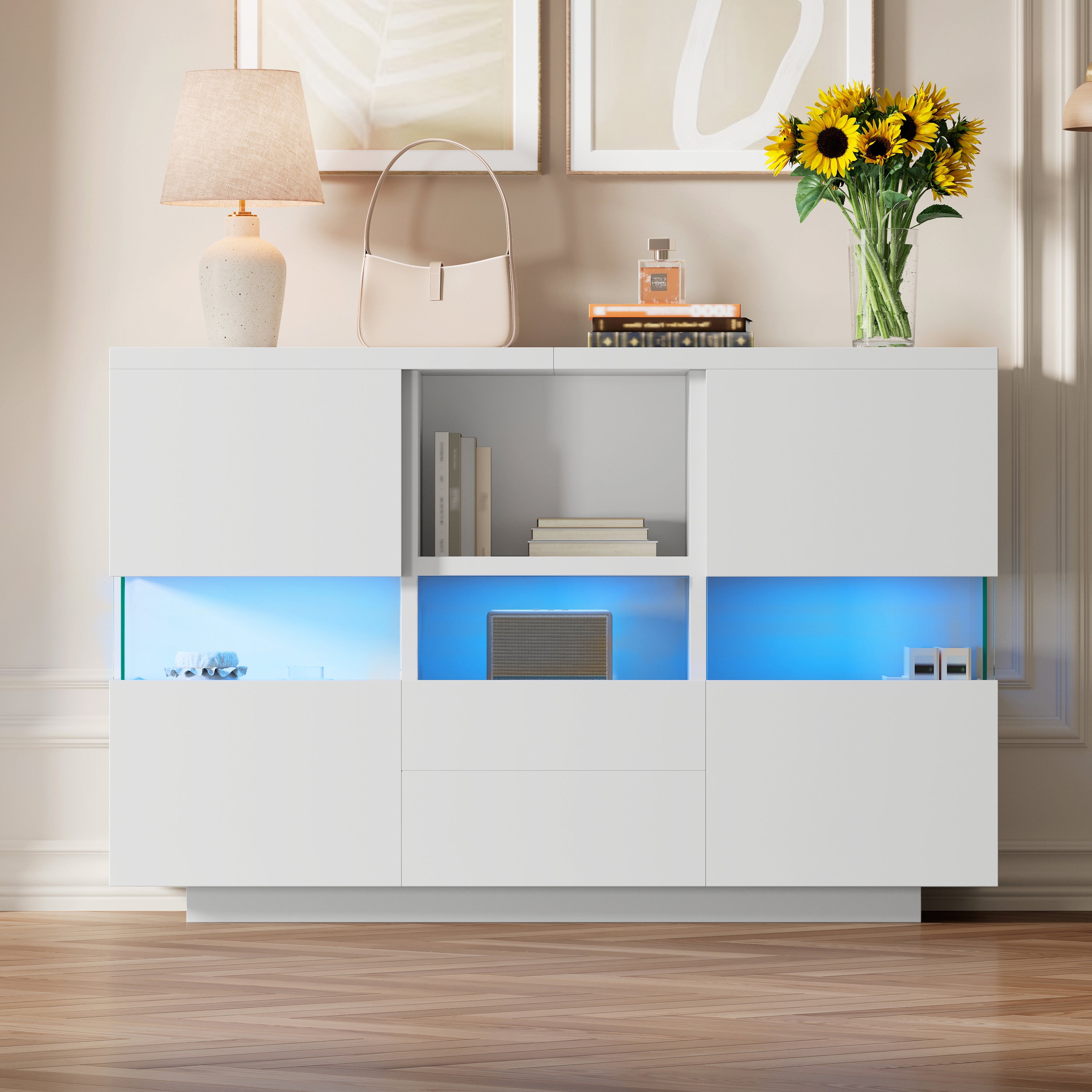 Minimalist Living Room Cabinet Double Level Floating Floor Storage White