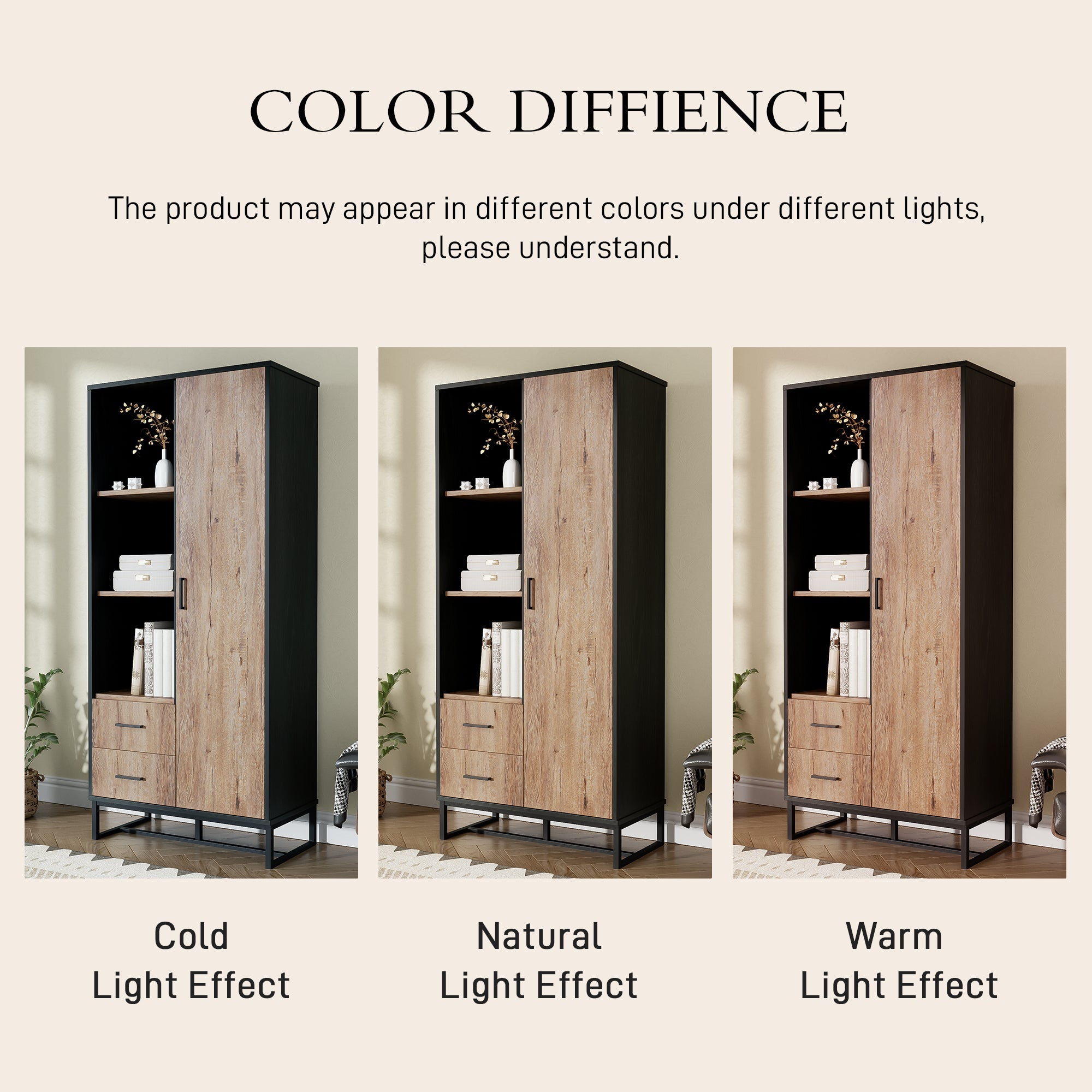 Highboard Cabinet with Door, 2 Drawers & 3 Open Compartments, Wood Look & Black Frame