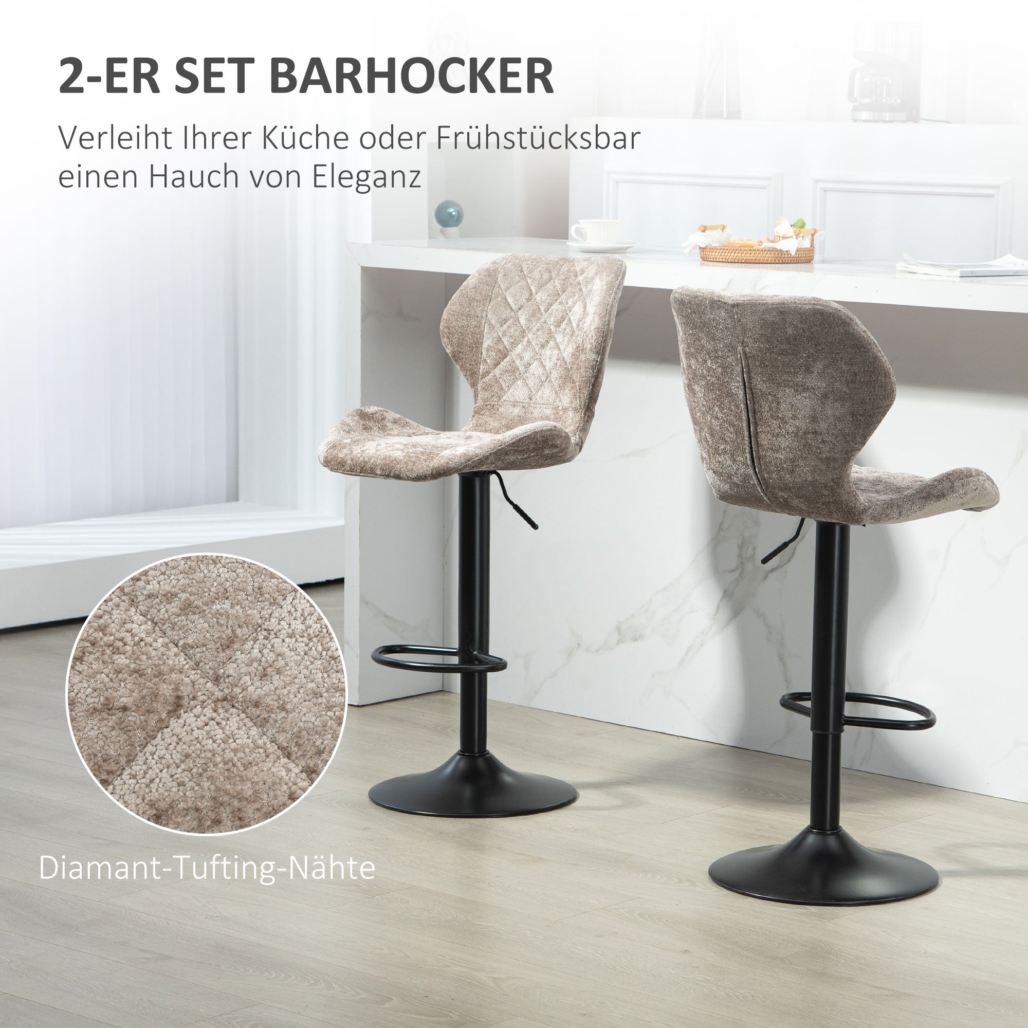 Bar Stool Set of 2, Upholstered with Backrest, Height-Adjustable, 360° Rotatable, Brown