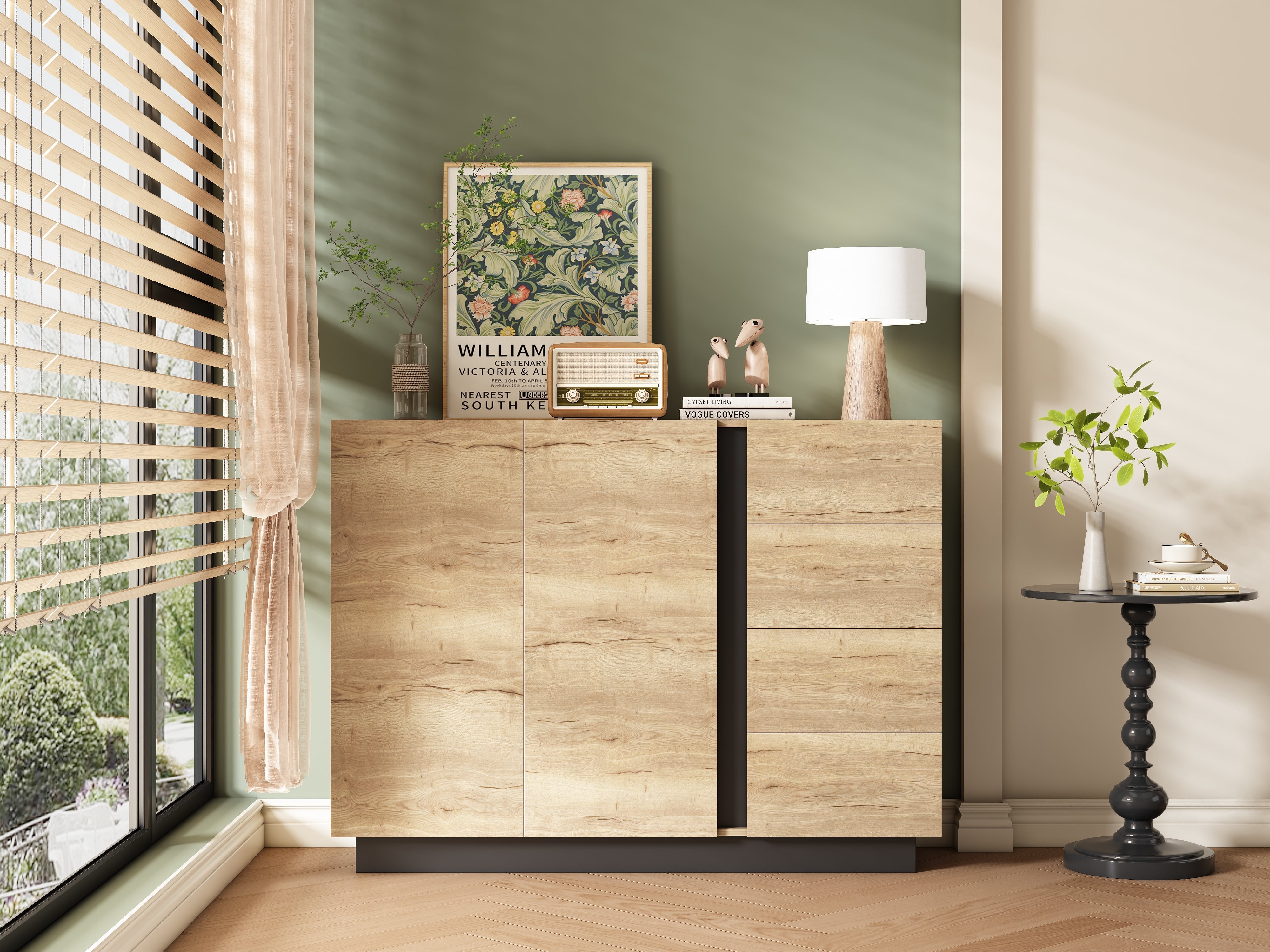 Chest of Drawers Sideboard Storage Cabinet 4 Drawers 2 Doors Black and Natural
