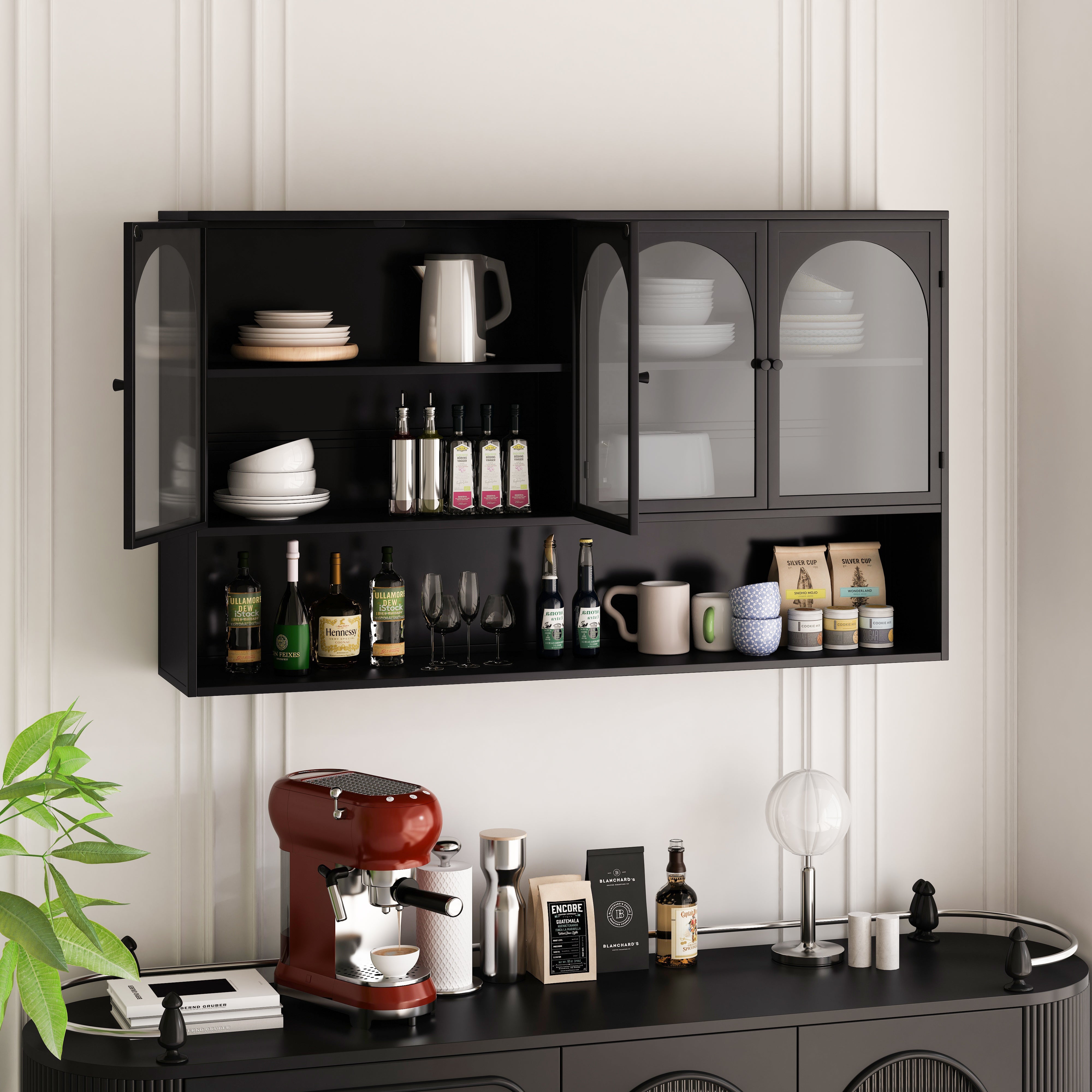 Four-door Glass Wall Cabinet, Wall-mounted 120CM, Black