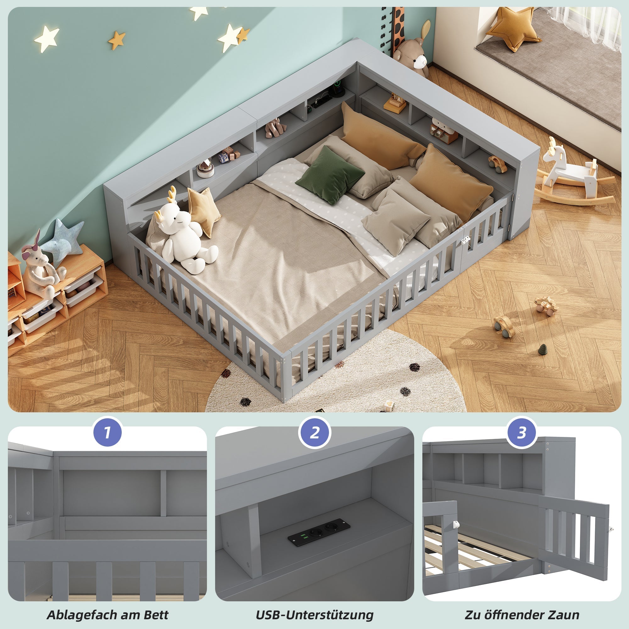 Daybed with Storage and USB Charging Port, 140x200cm, Grey Chipboard