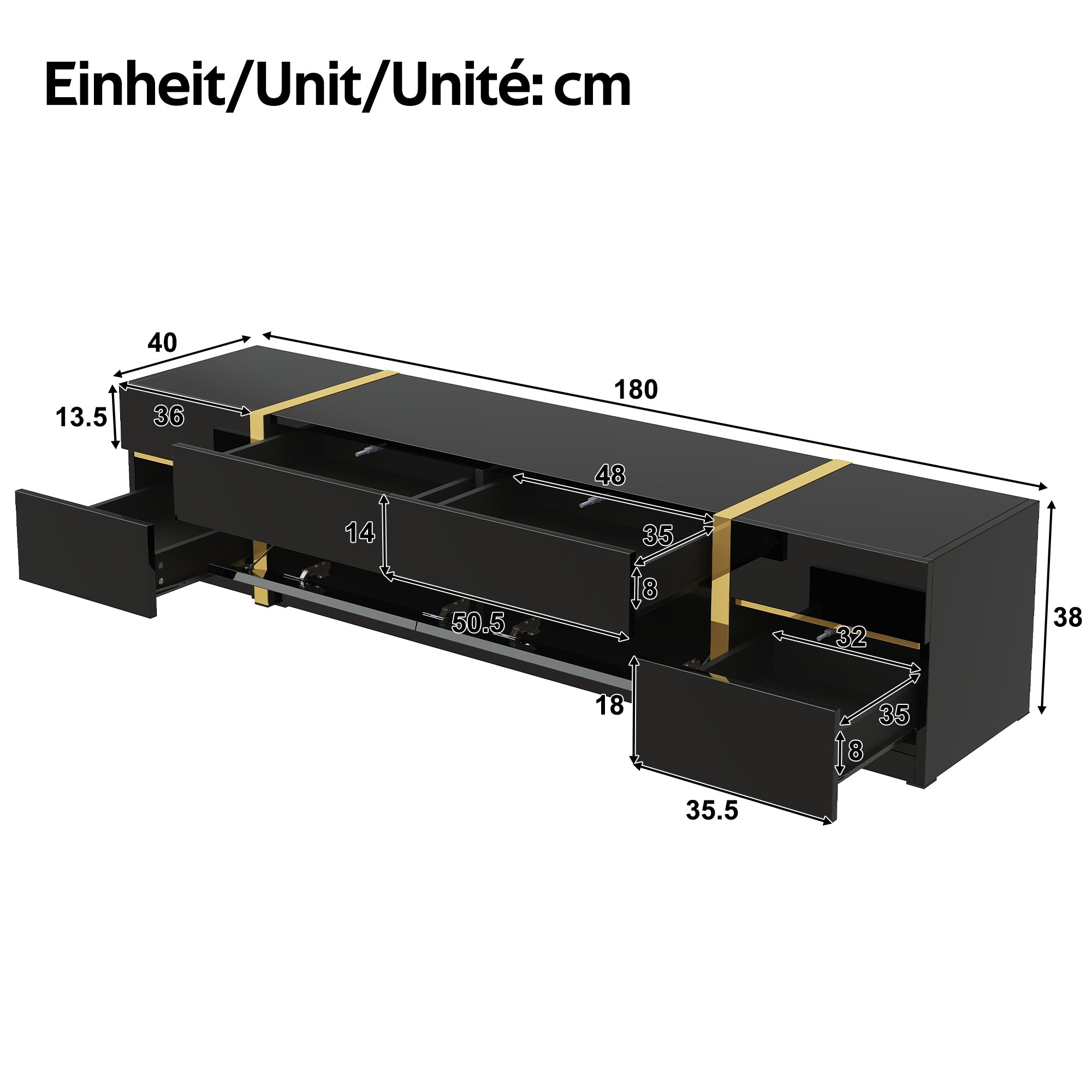 Luxurious TV Stand with Drawers and Doors, Modern High-Gloss Finish, Gold Edges