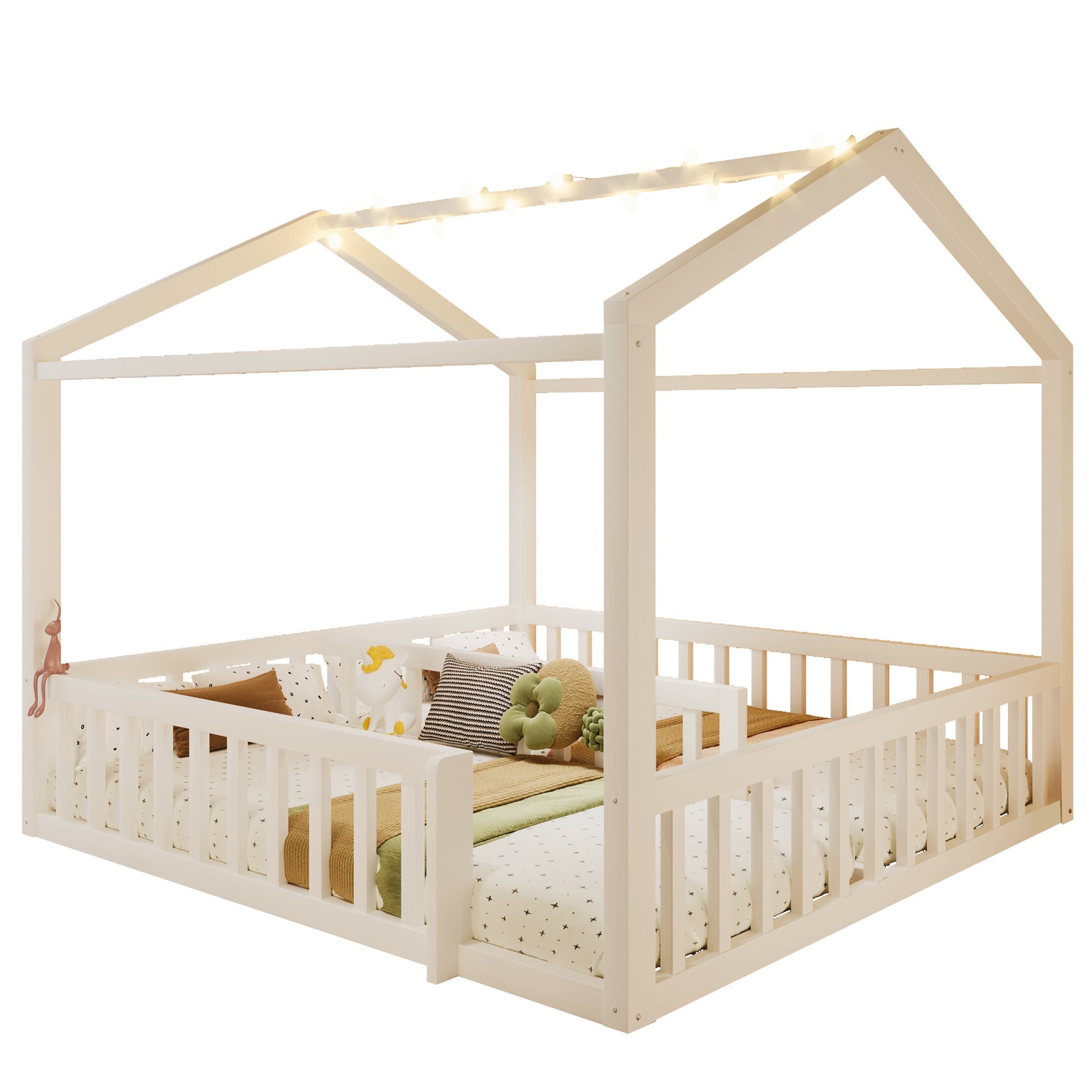 Flatbed Convertible Children's Bed 90x190cm to 180x190cm House Rail LED Lights Pine Wood White