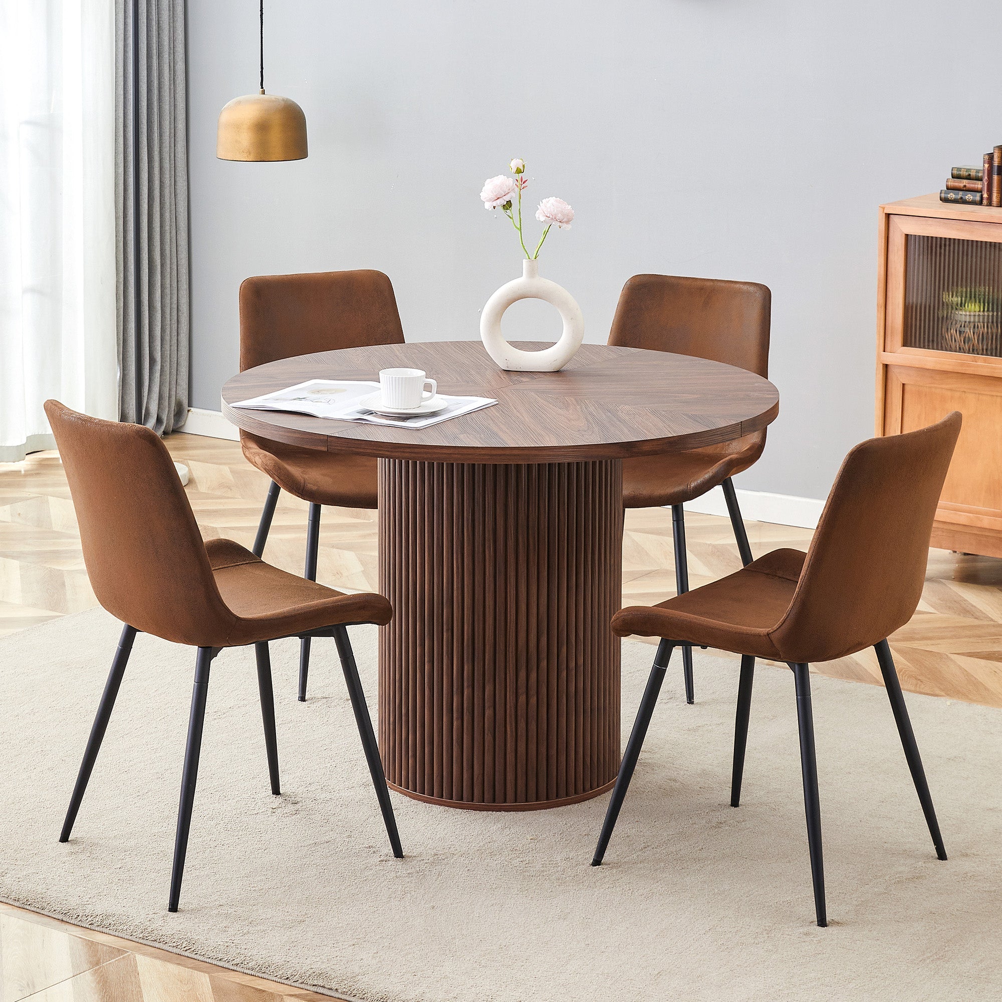 Minimalist Dining Set 100cm Round Table 4 Chairs - Walnut Wood Look