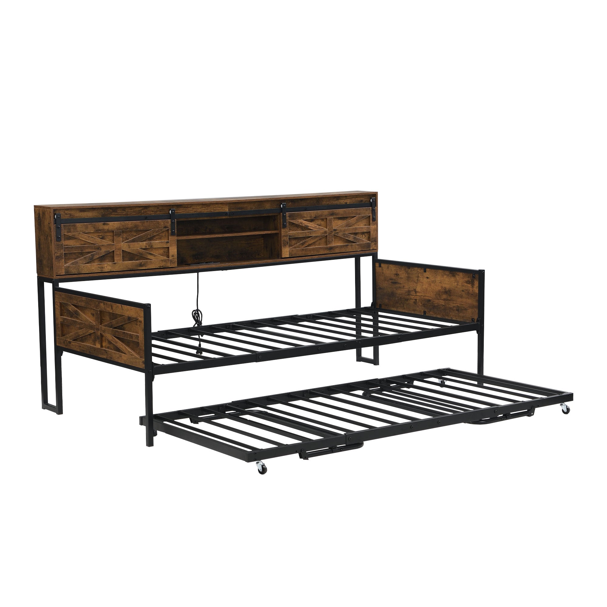 Sofa Bed, Pull-out with Storage & Sockets, Iron Black + Brown