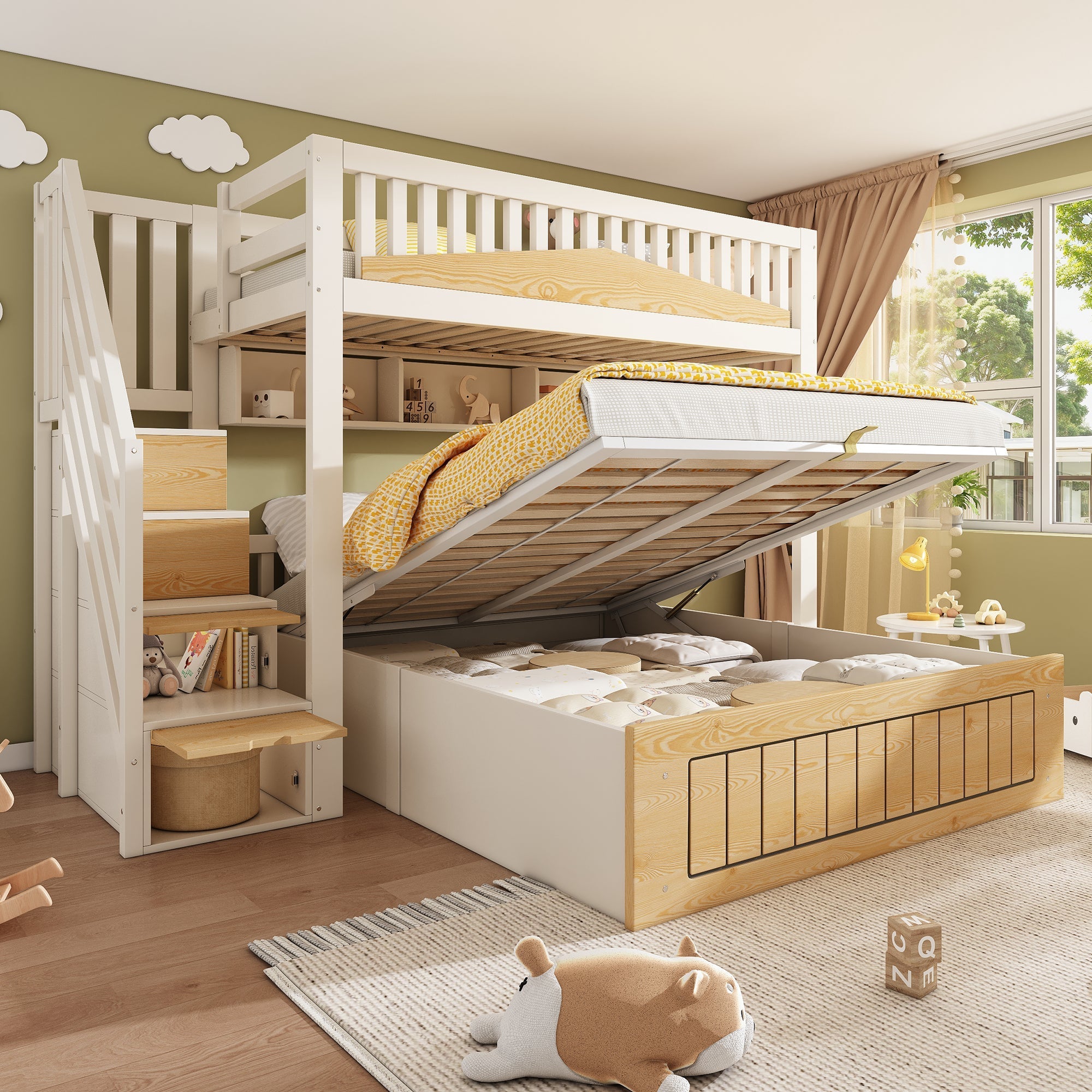 Children's Wooden Bunk Bed 90x200 & 140x200 cm with Hydraulic Storage and USB-C Port, White and Natural