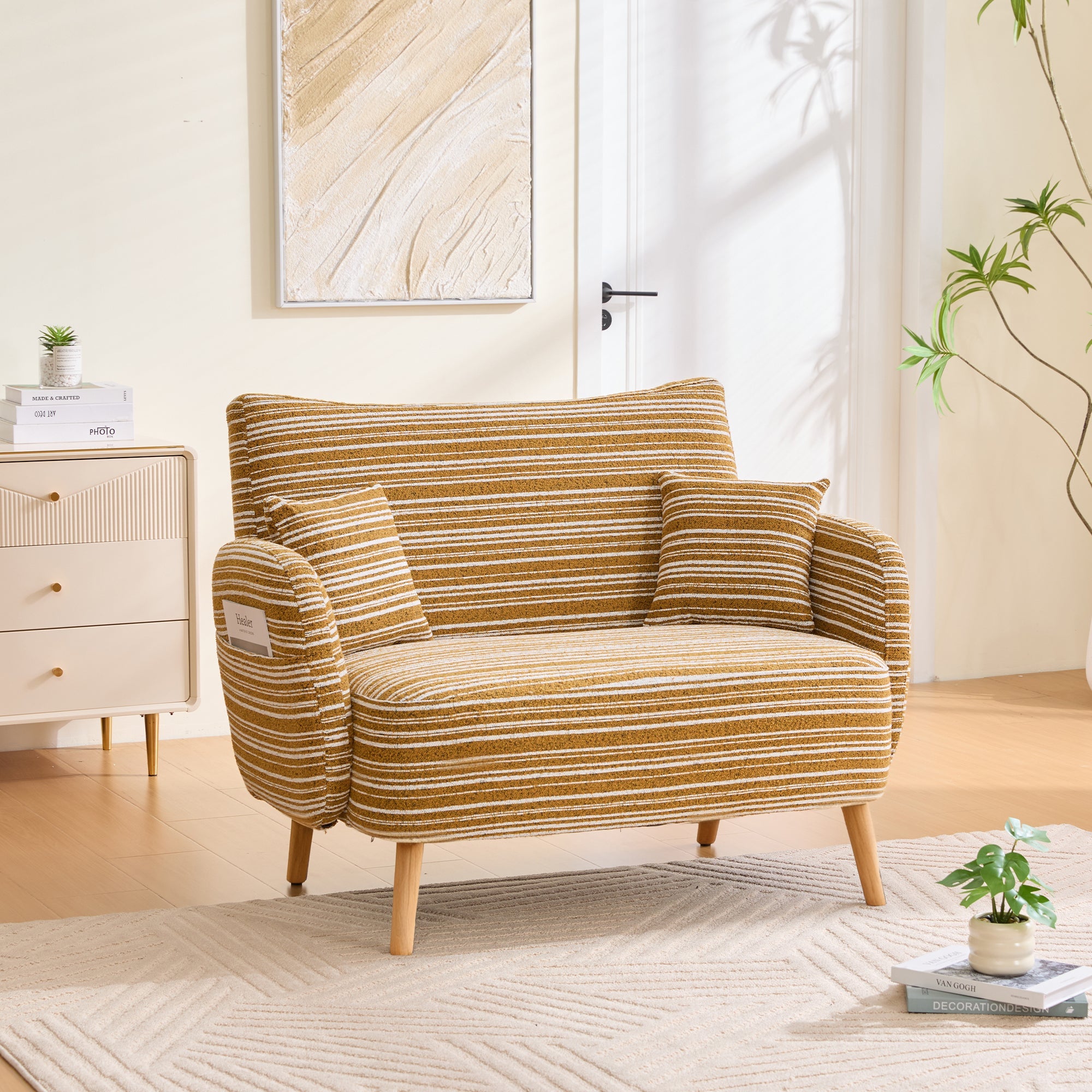 Modern Two-Seater Sofa with Armrest Cushions and Storage Bag, Loop Fabric