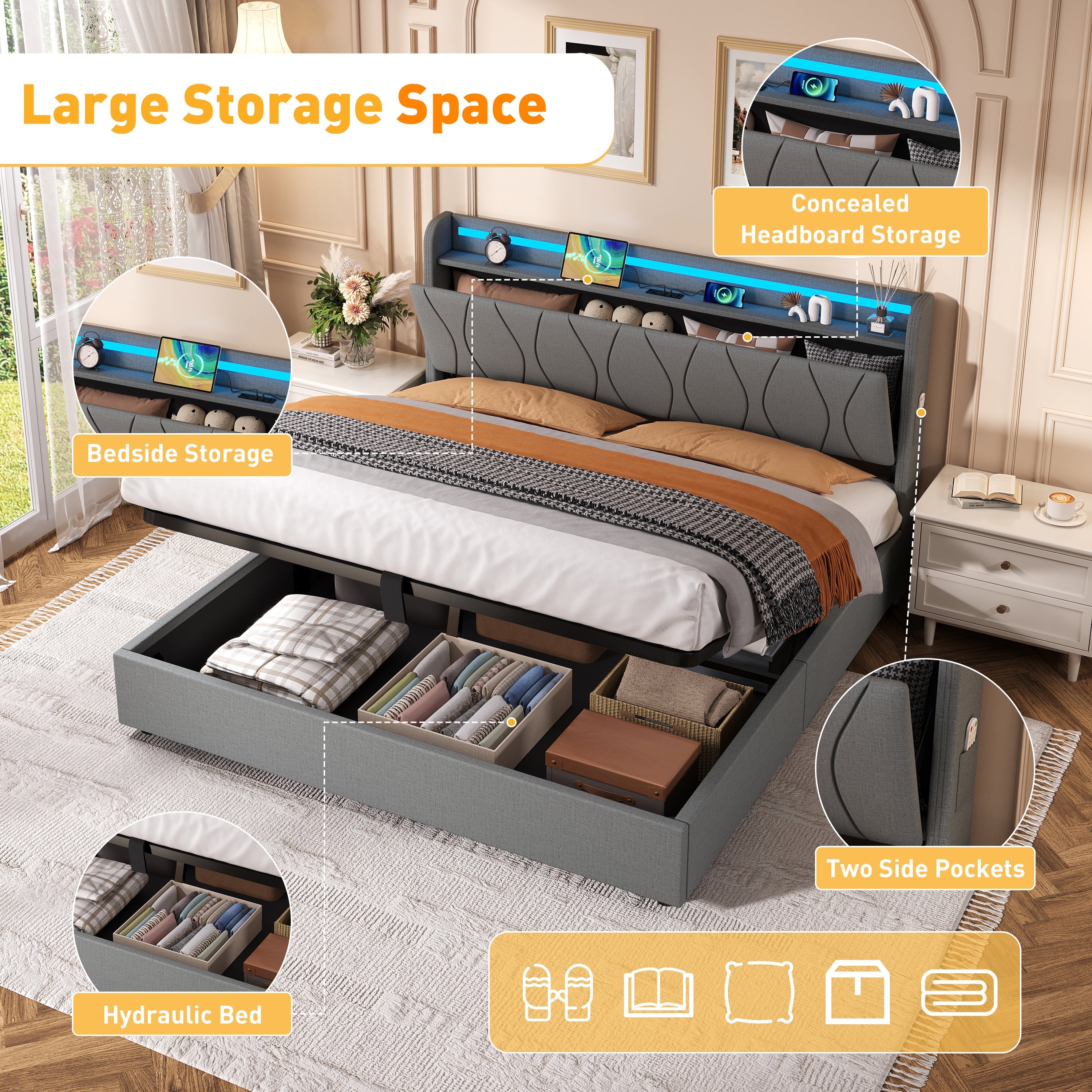 5ft King Upholstered Bed Frame, Hydraulic Storage LED Headboard with Charging Station, Linen Grey