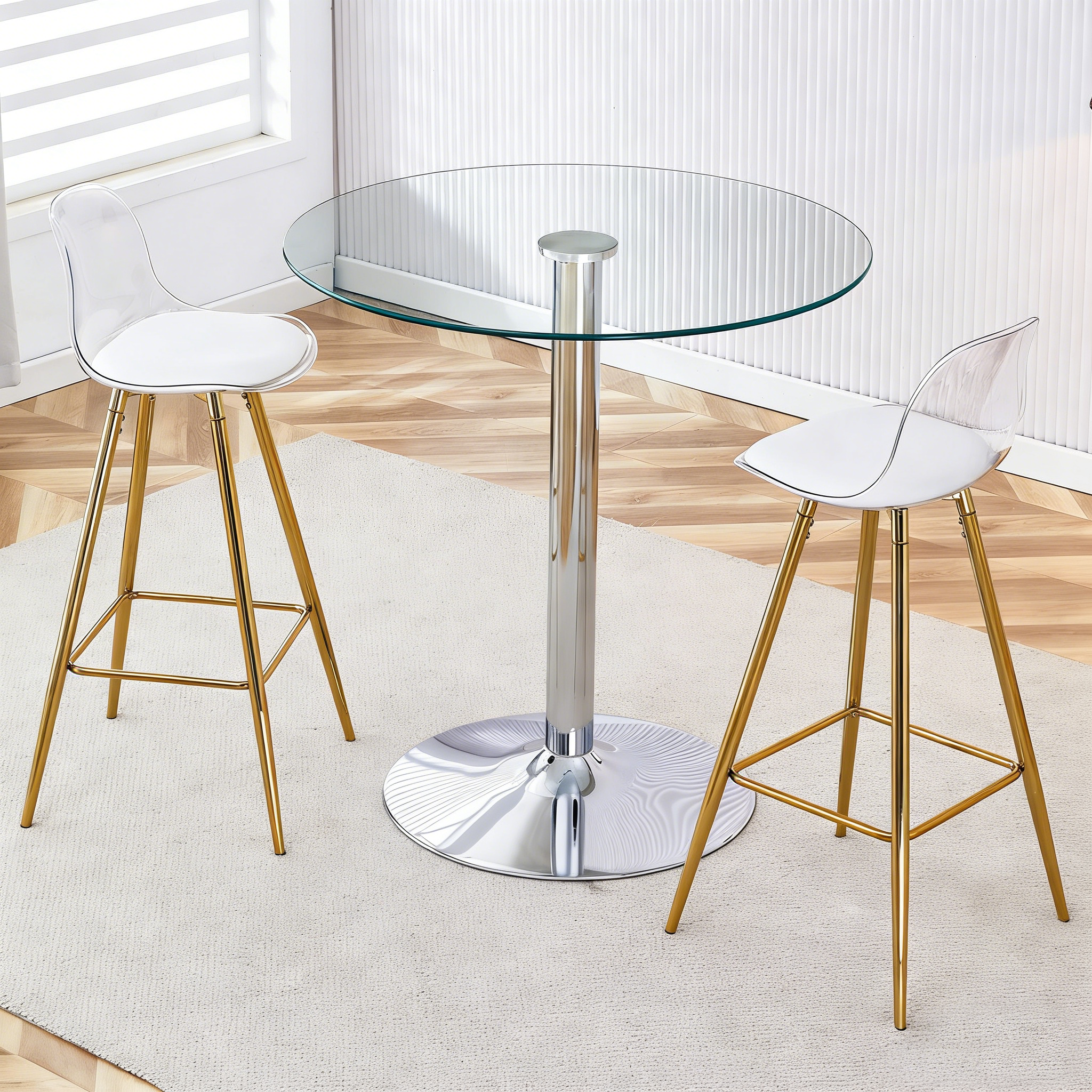 Bar Set Round Glass Table 89cm & 2 Stools Gold Legs